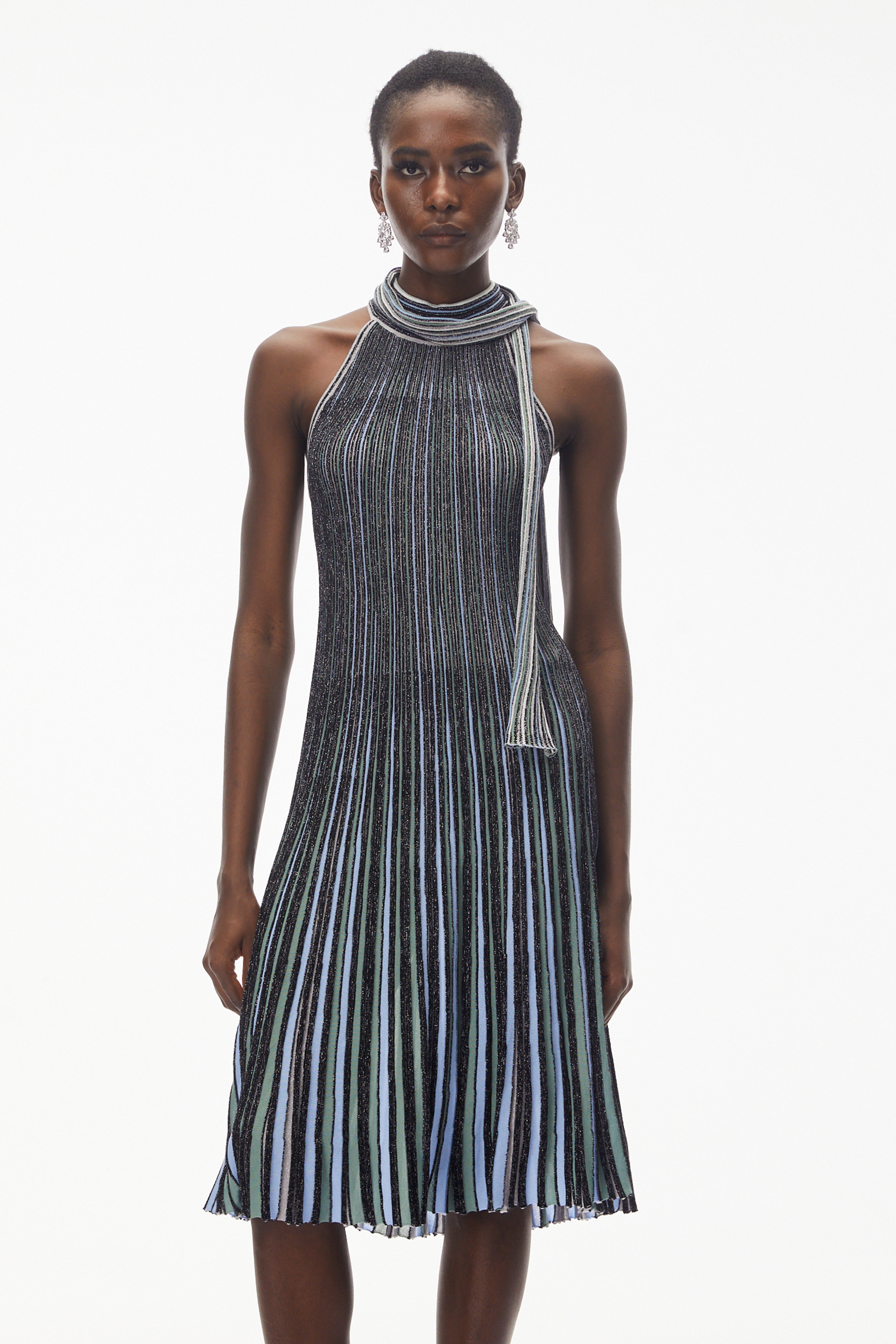 Nausicaa Navy Blue Metallic Striped Knit Midi Dress