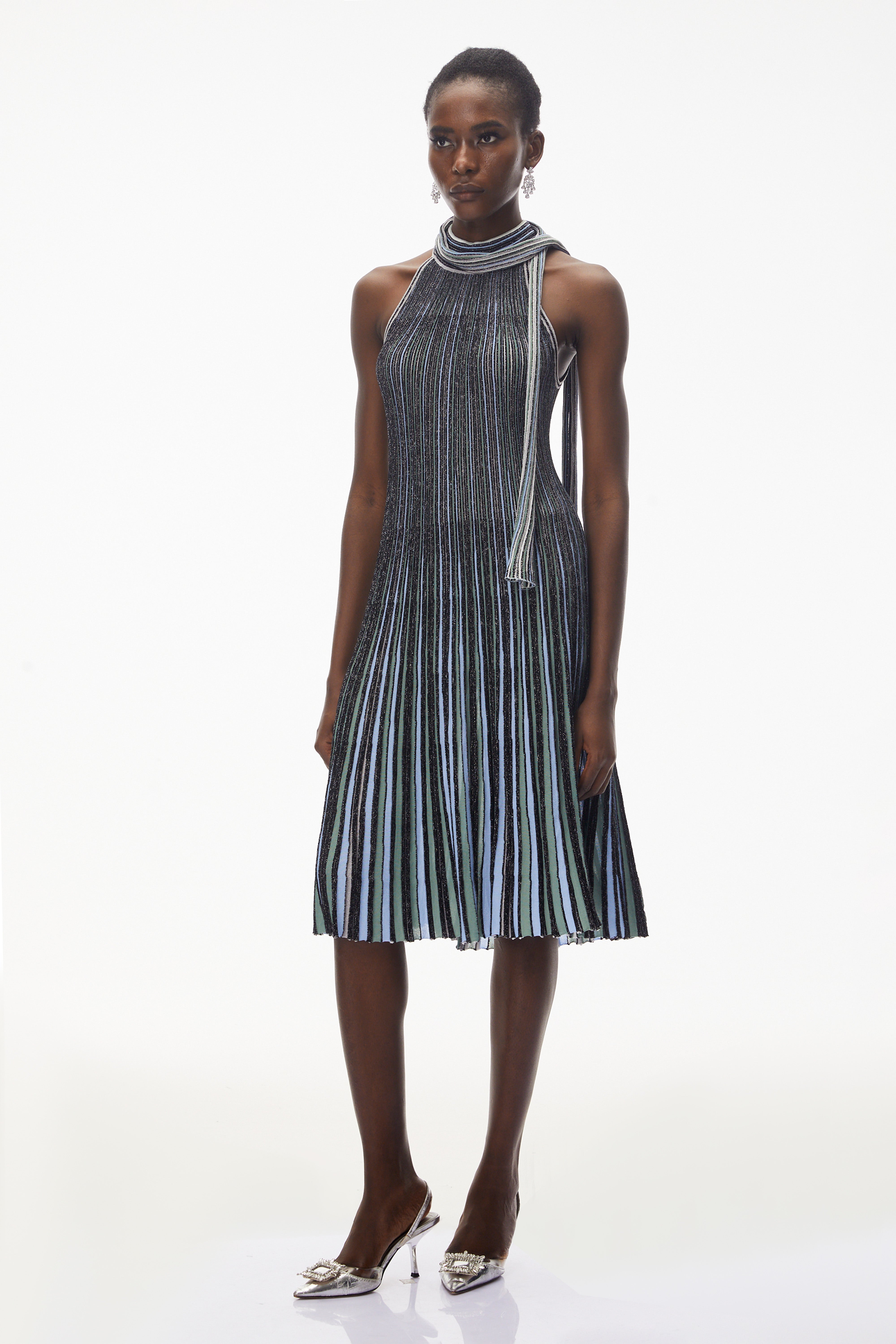 Nausicaa Navy Blue Metallic Striped Knit Midi Dress