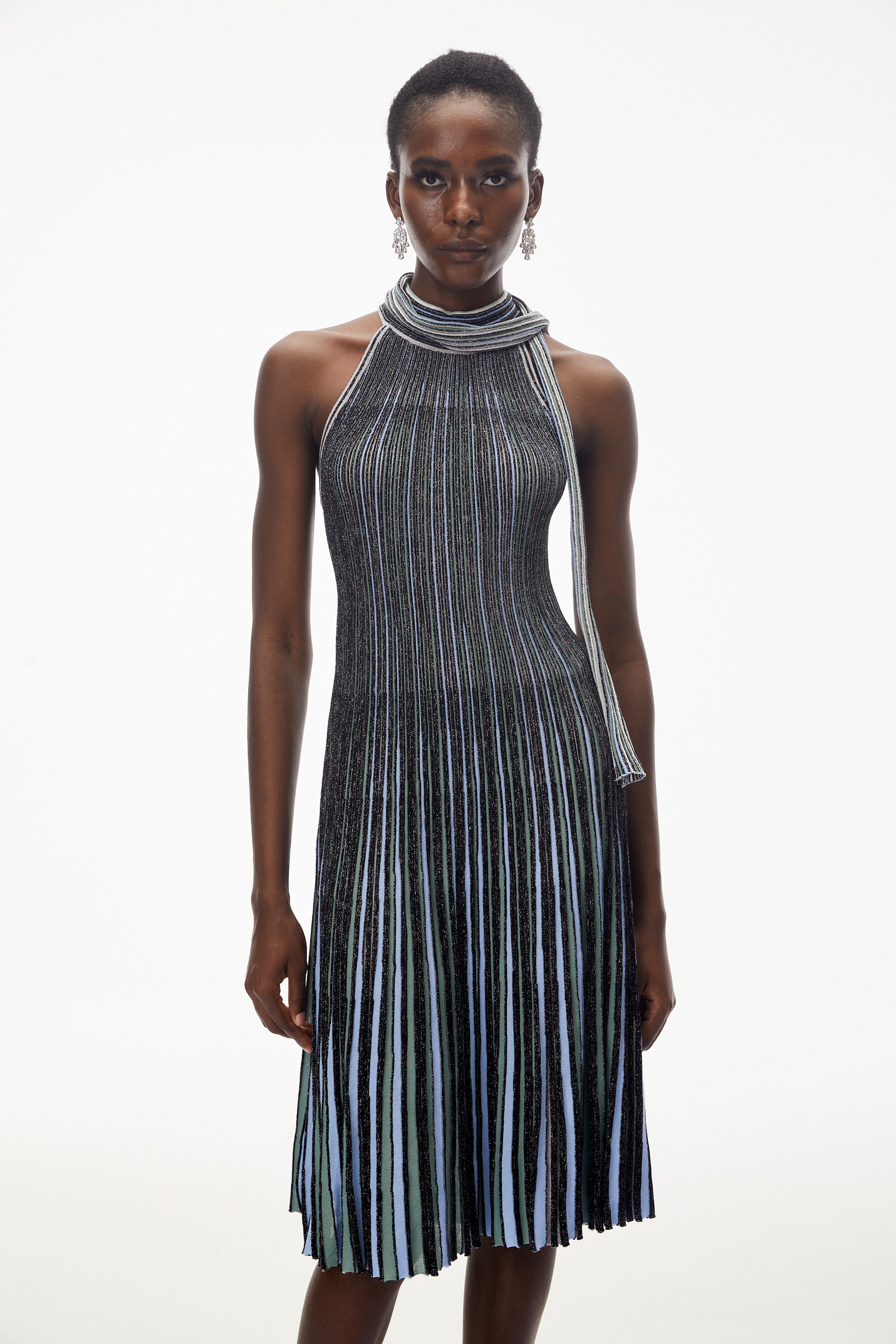 Nausicaa Navy Blue Metallic Striped Knit Midi Dress