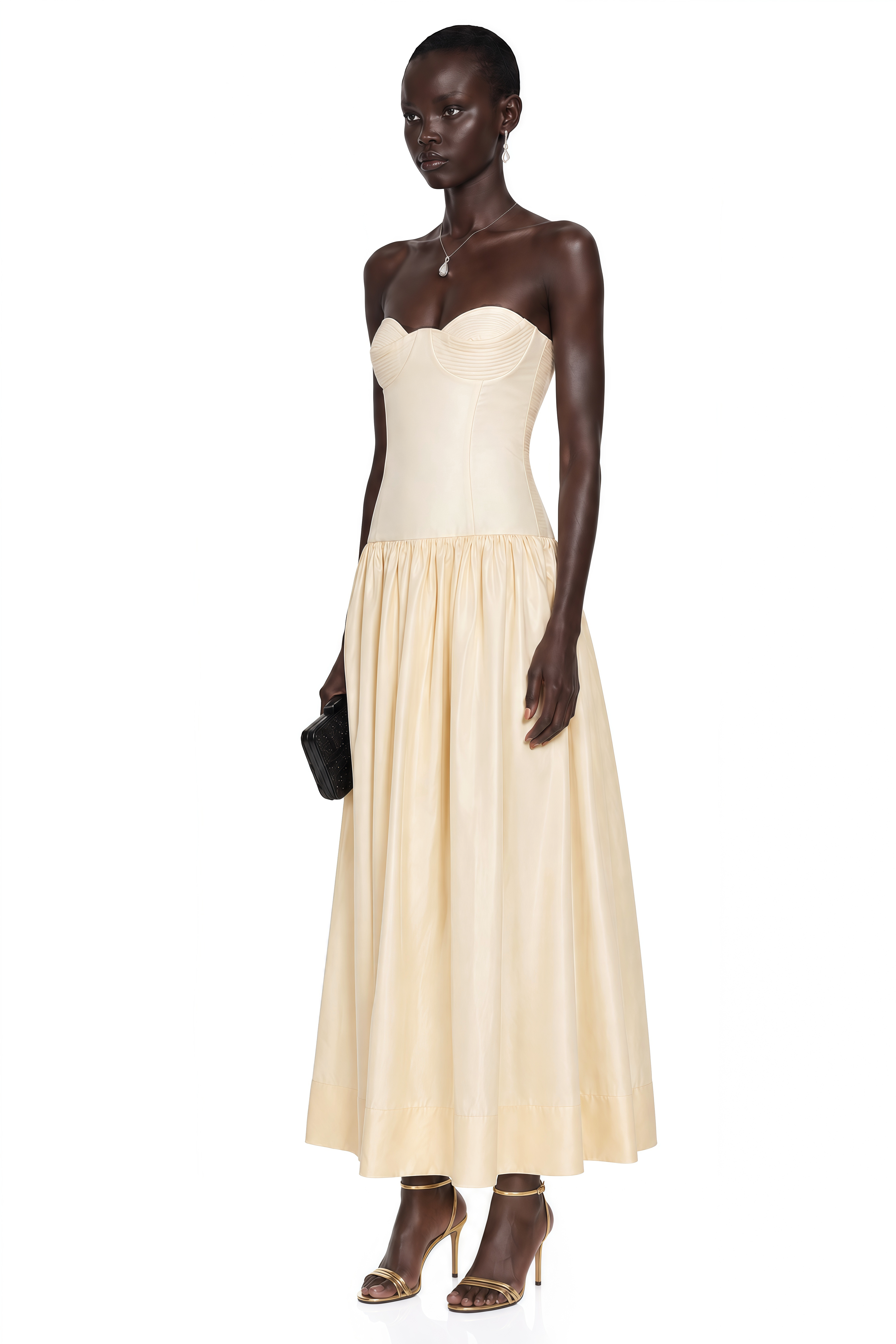 Nehir Cream Sweetheart Pleated Maxi Dress