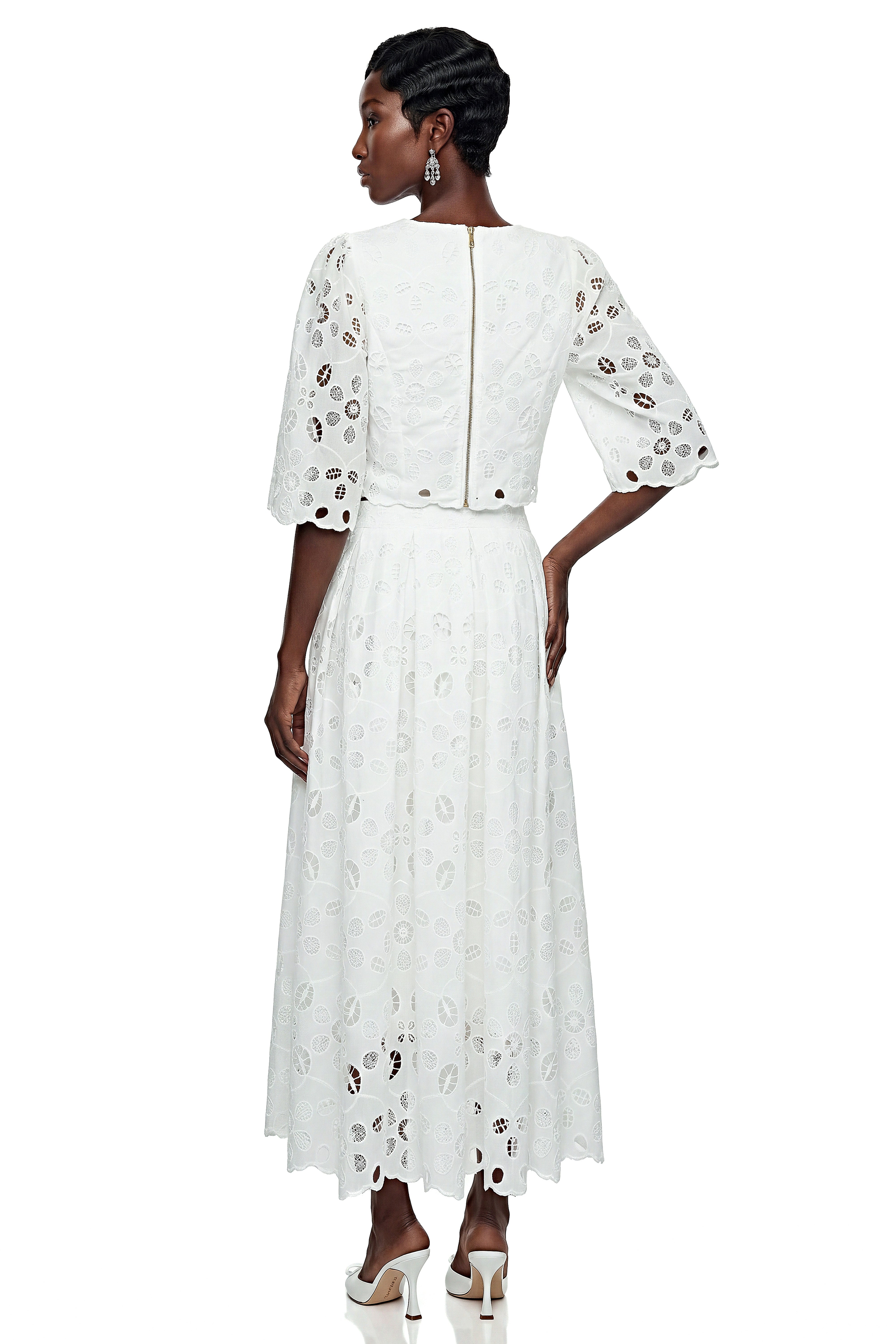 Nephthys White Floral Cut-Out Blouse & Skirt Set
