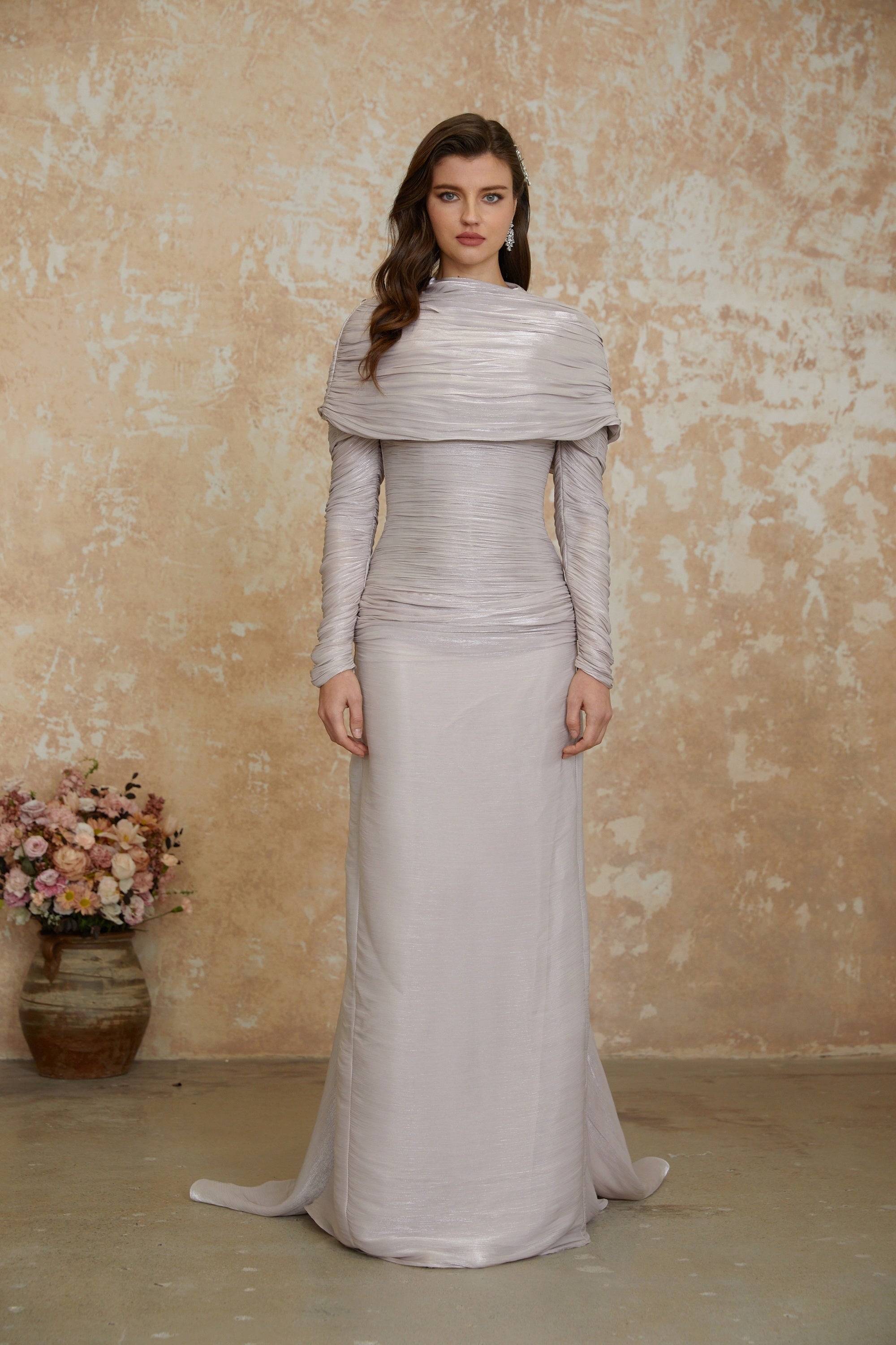 Nerida Silver Turtleneck Ruched Maxi Dress