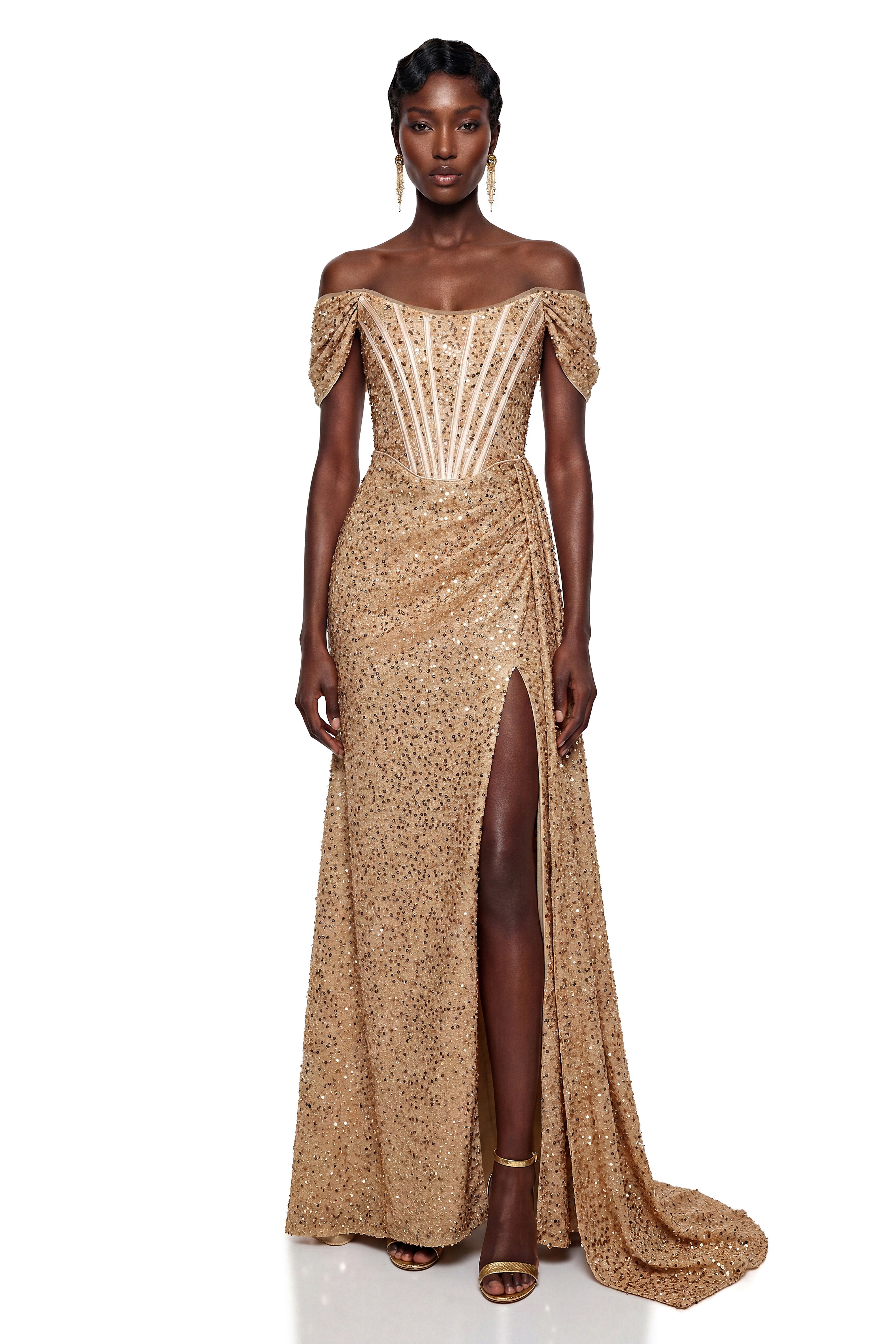 Nerissa Champagne Off Shoulder Sequin Maxi Dress with Slit