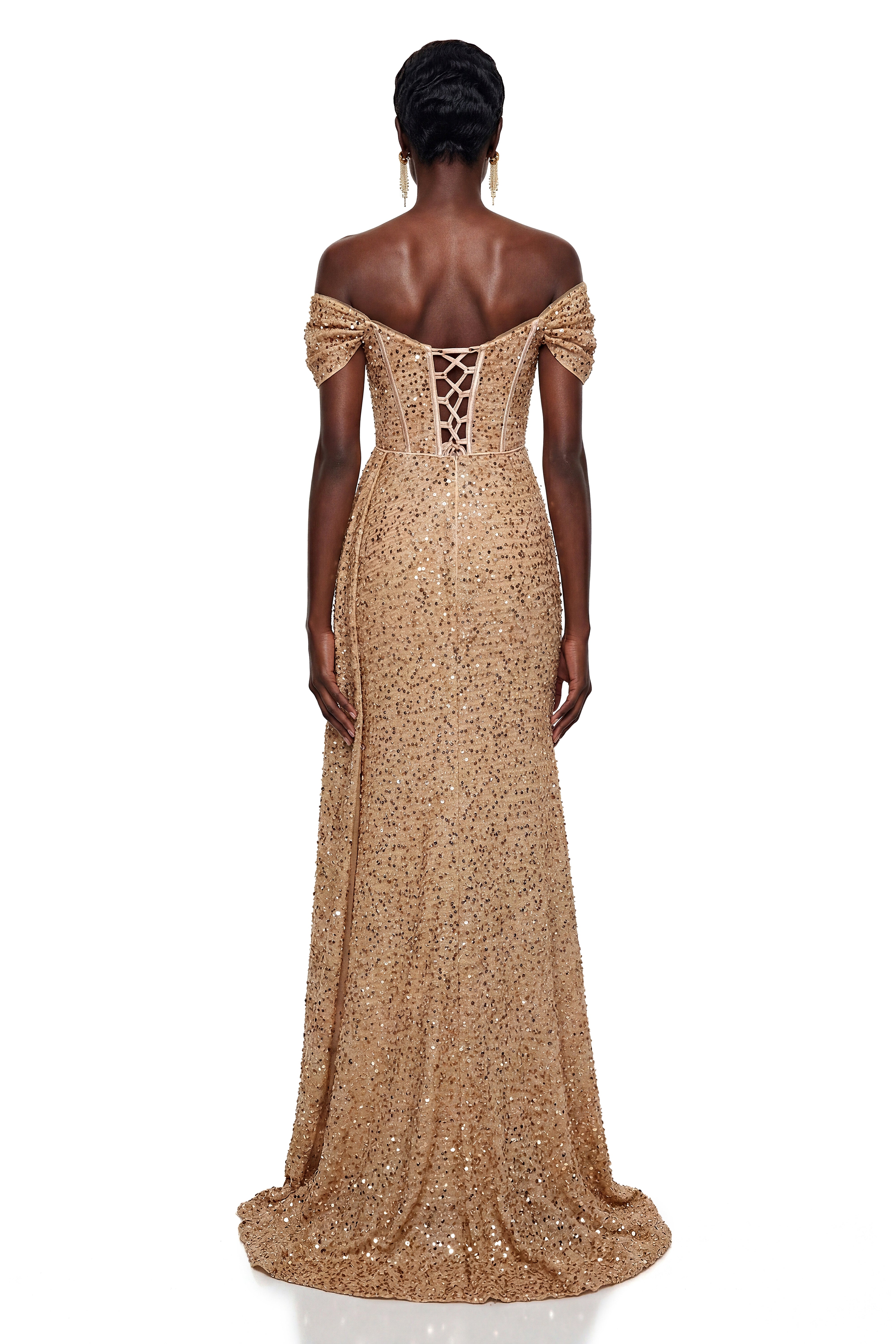Nerissa Champagne Off Shoulder Sequin Maxi Dress with Slit