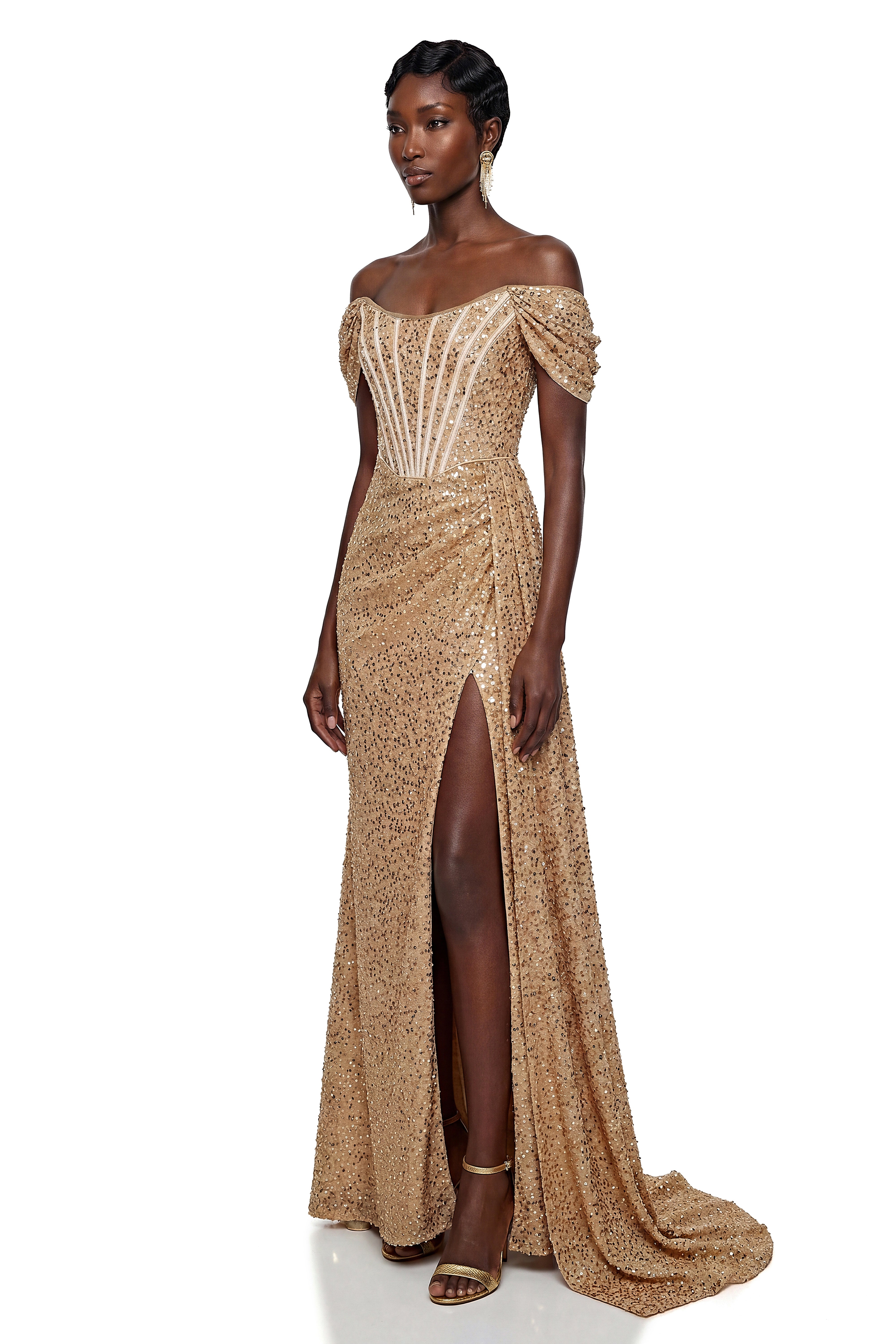 Nerissa Champagne Off Shoulder Sequin Maxi Dress with Slit
