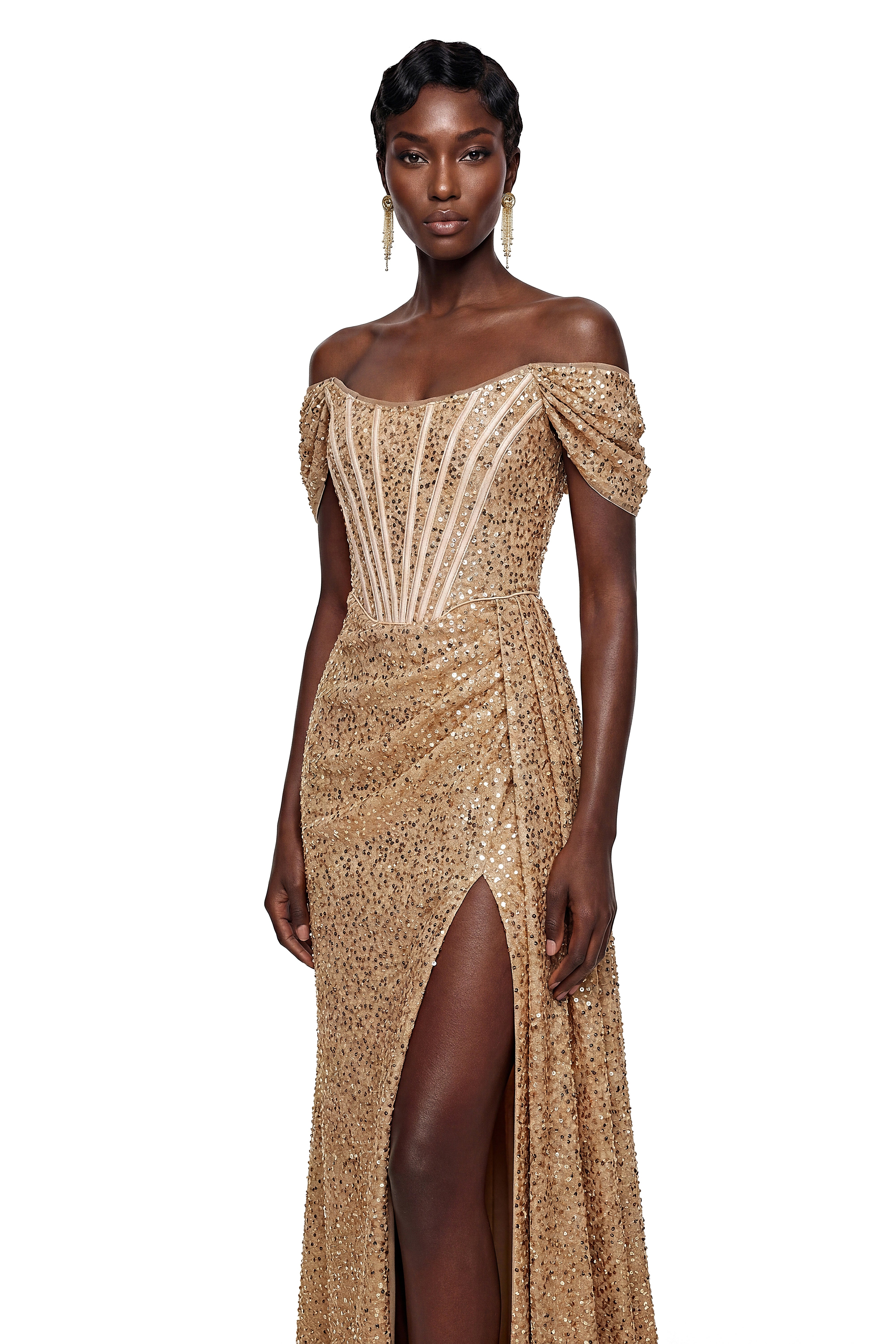 Nerissa Champagne Off Shoulder Sequin Maxi Dress with Slit