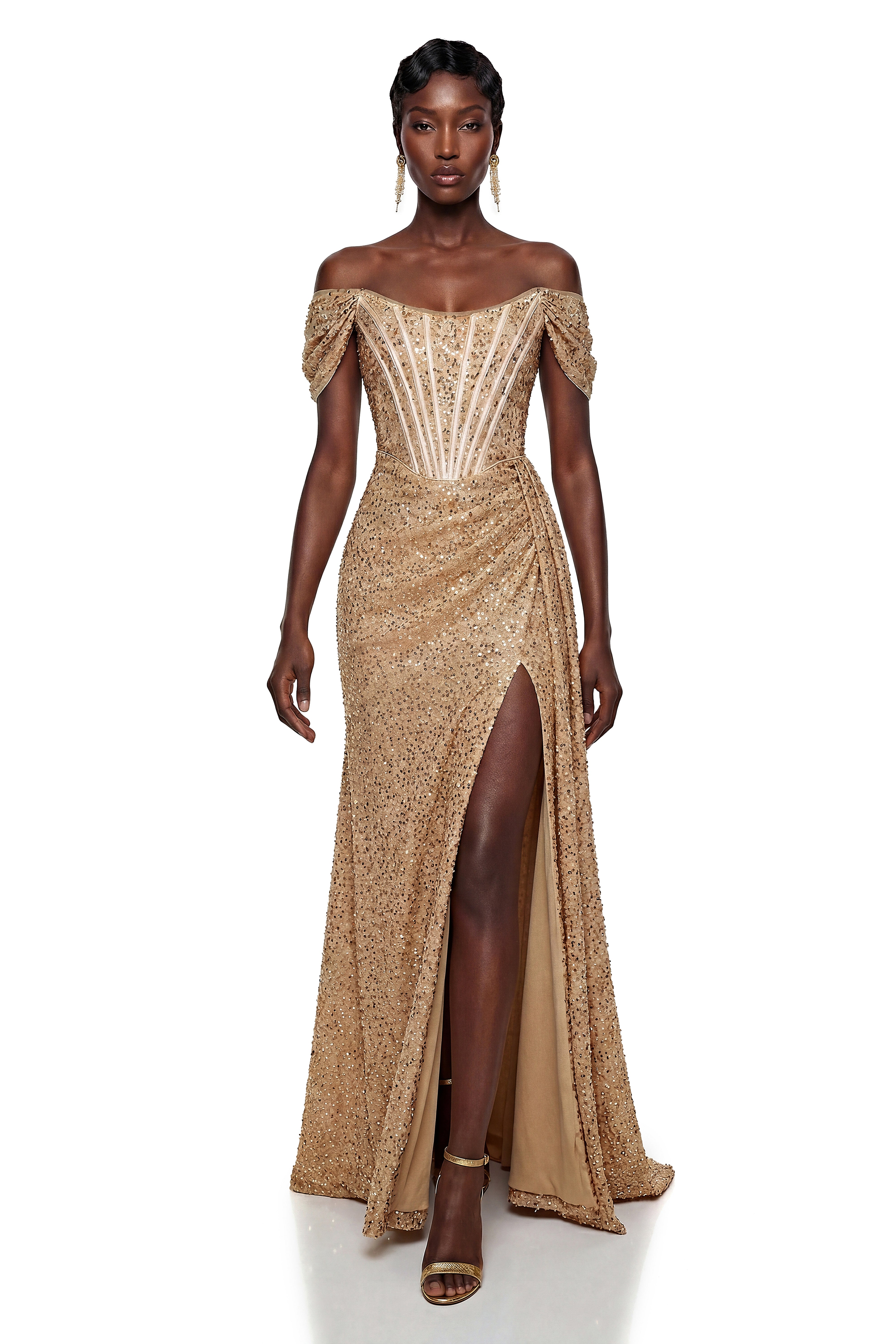 Nerissa Champagne Off Shoulder Sequin Maxi Dress with Slit