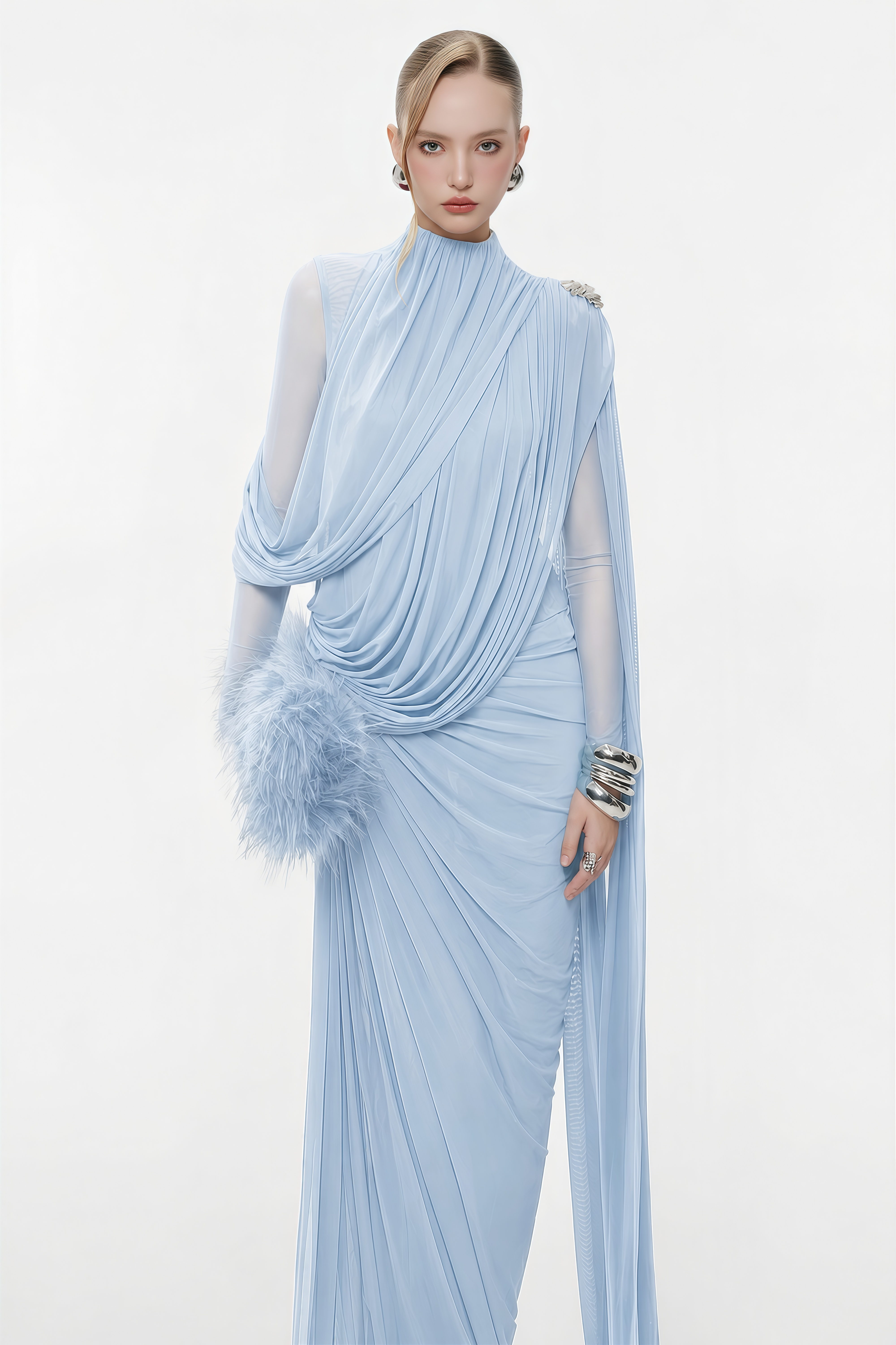 Newton Blue Asymmetrical Ribbon Ruched Maxi Dress