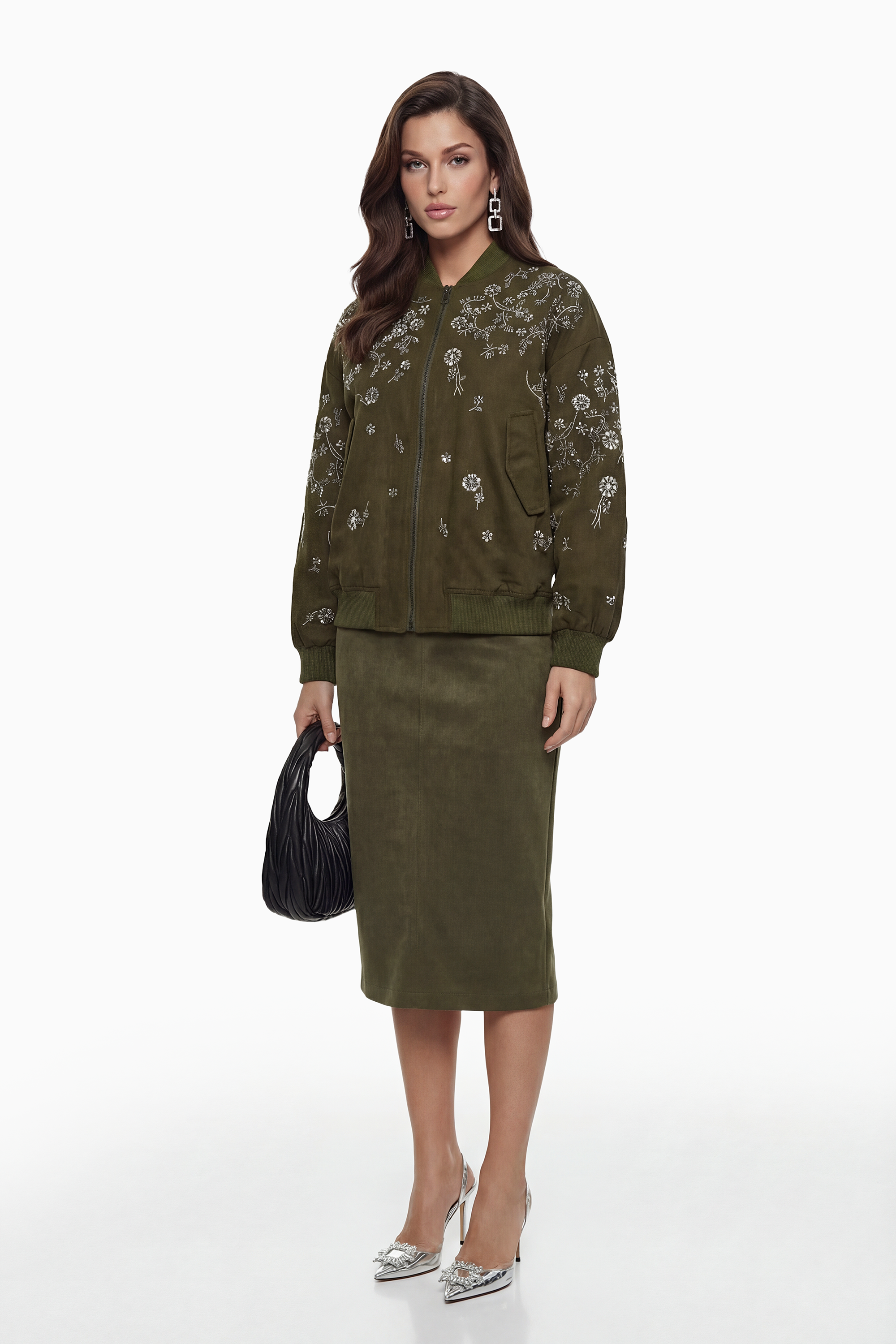 Nicole Green Jacket with Floral Embroidered