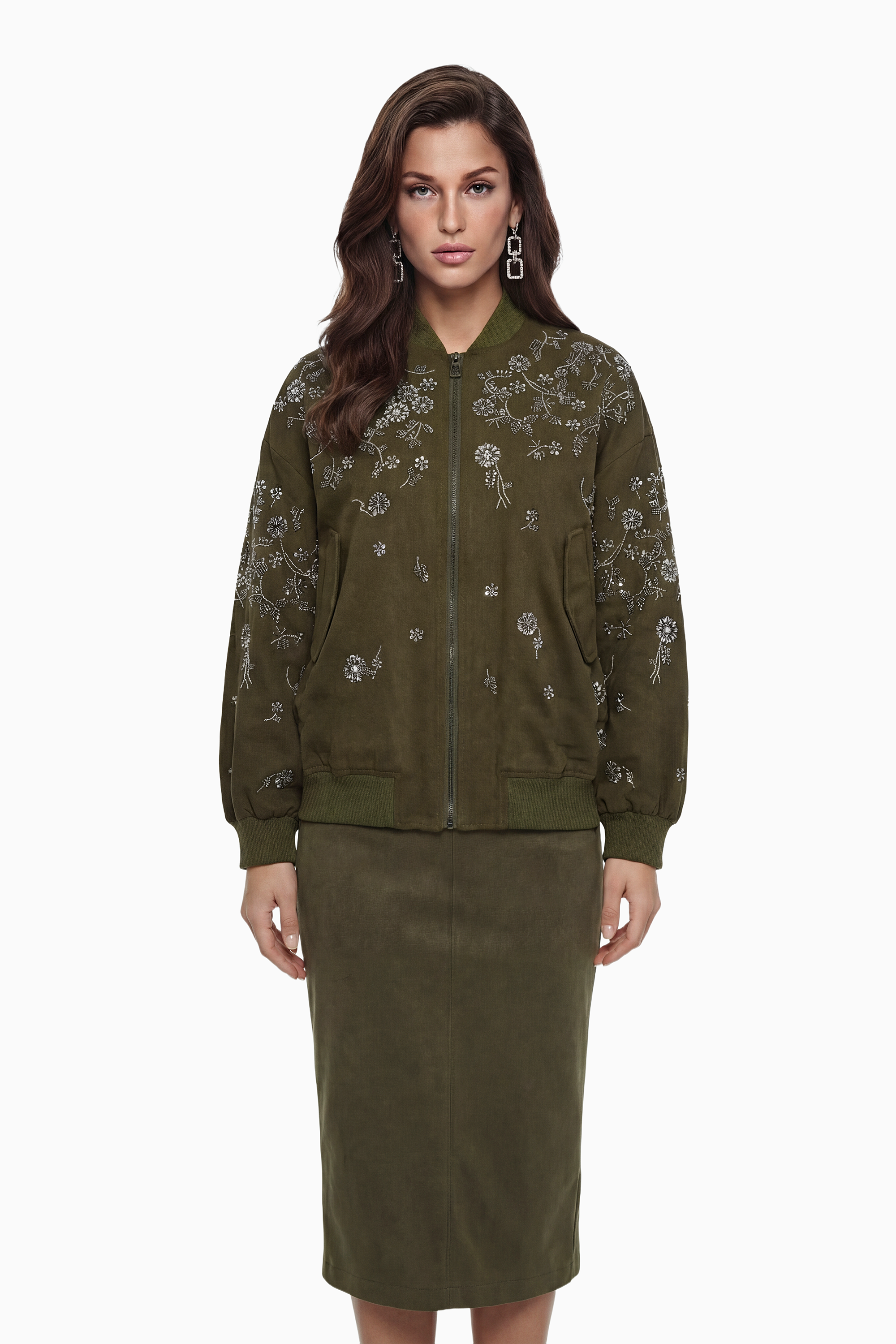 Nicole Green Jacket with Floral Embroidered