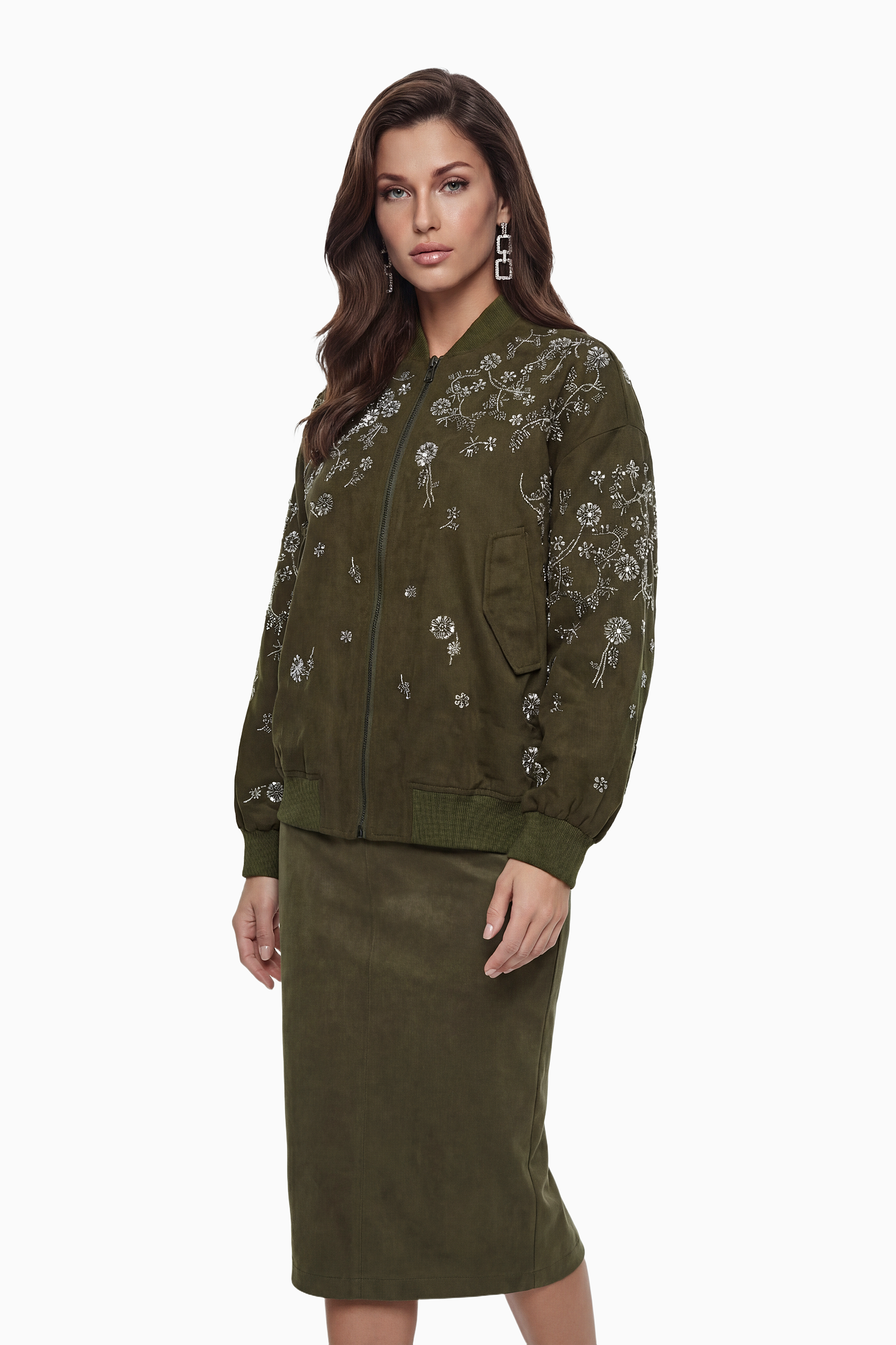 Nicole Green Jacket with Floral Embroidered