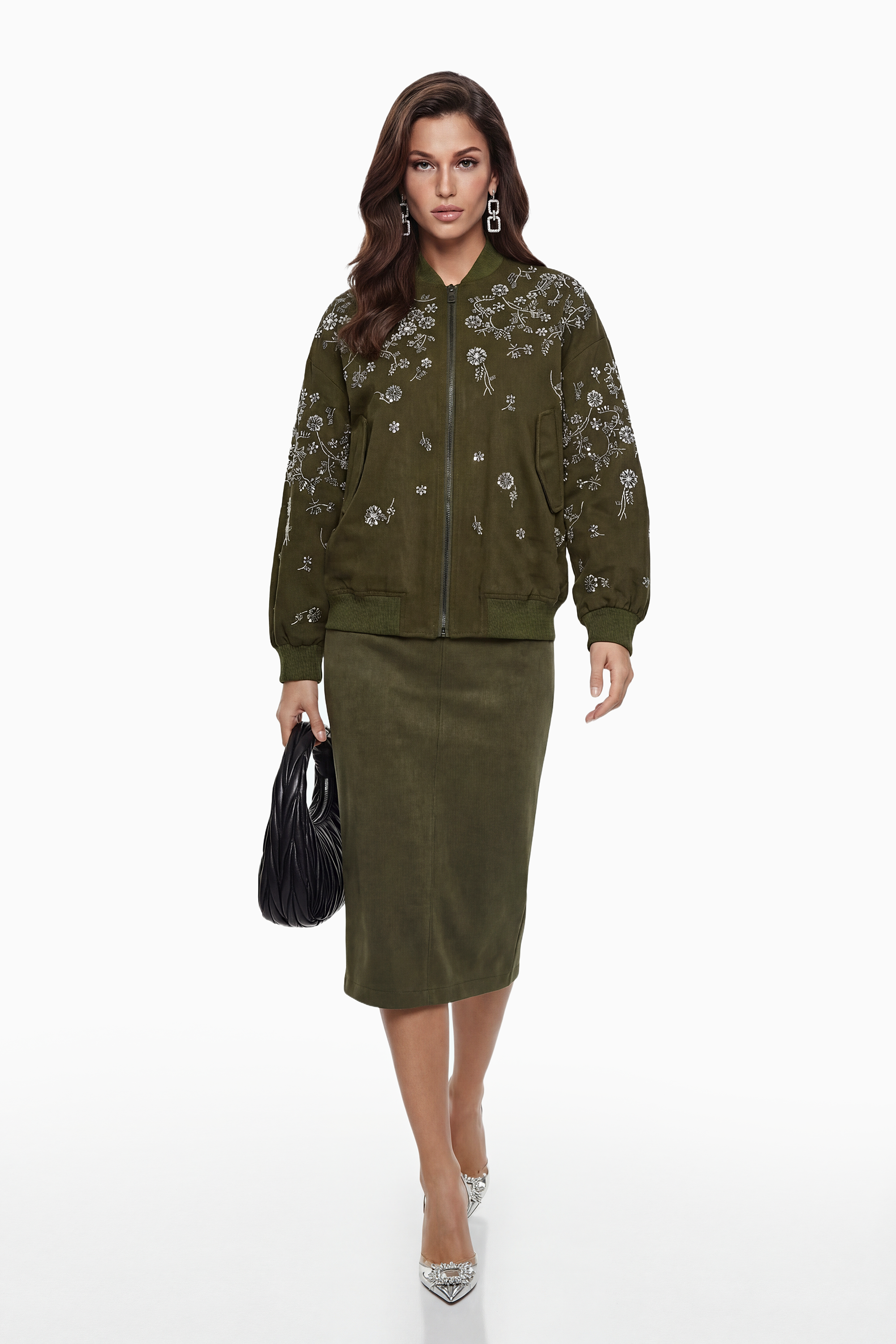 Nicole Green Jacket with Floral Embroidered