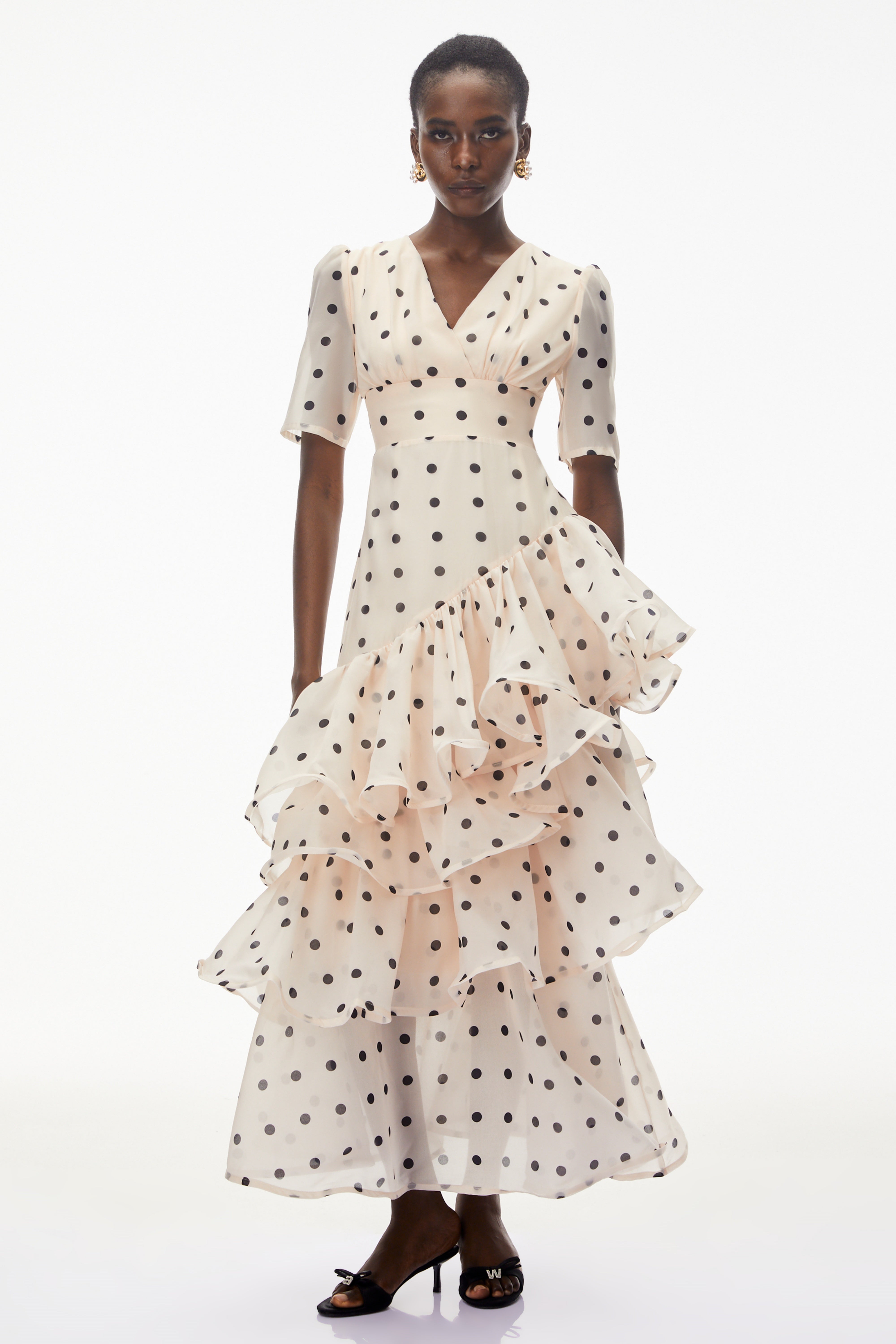 ワンピース her lip to Tiered Polka-Dot Long Dress Nicoletta White Polka Dot Asymmetrical Maxi Dress