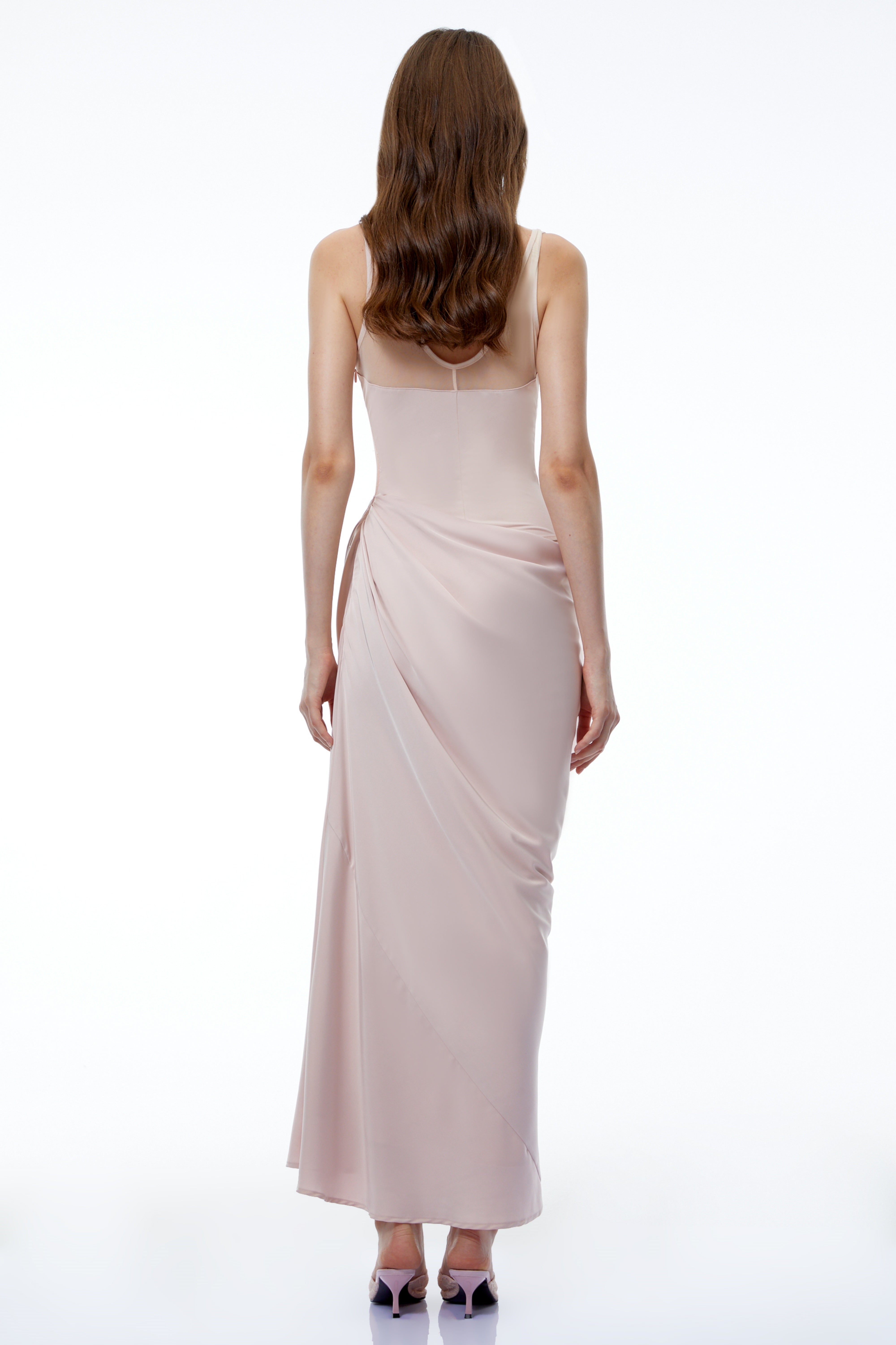 Robe longue Nikau rose à découpes et taille cintrée