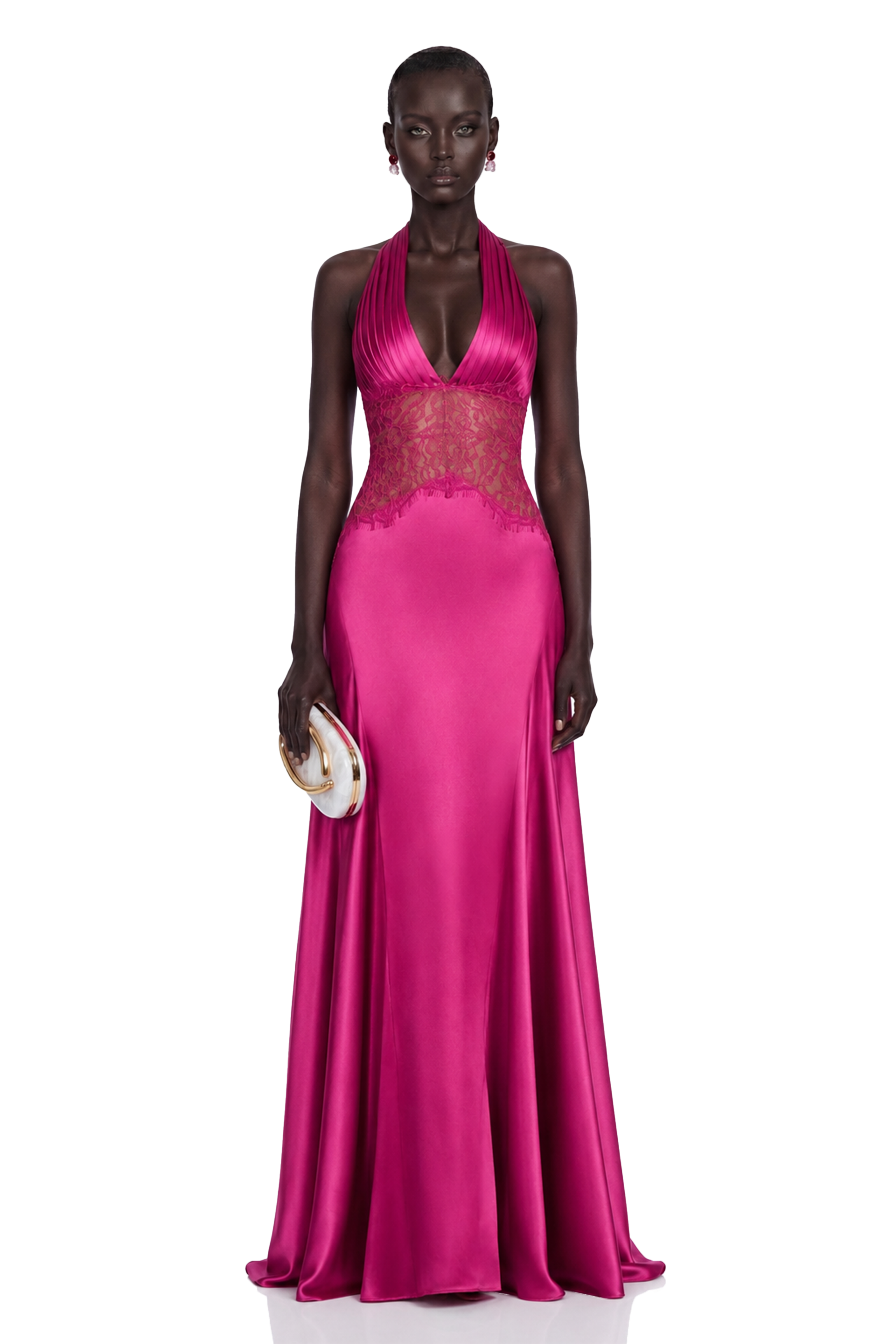 Nina Magenta Halterneck Maxi Dress with Lace Panels