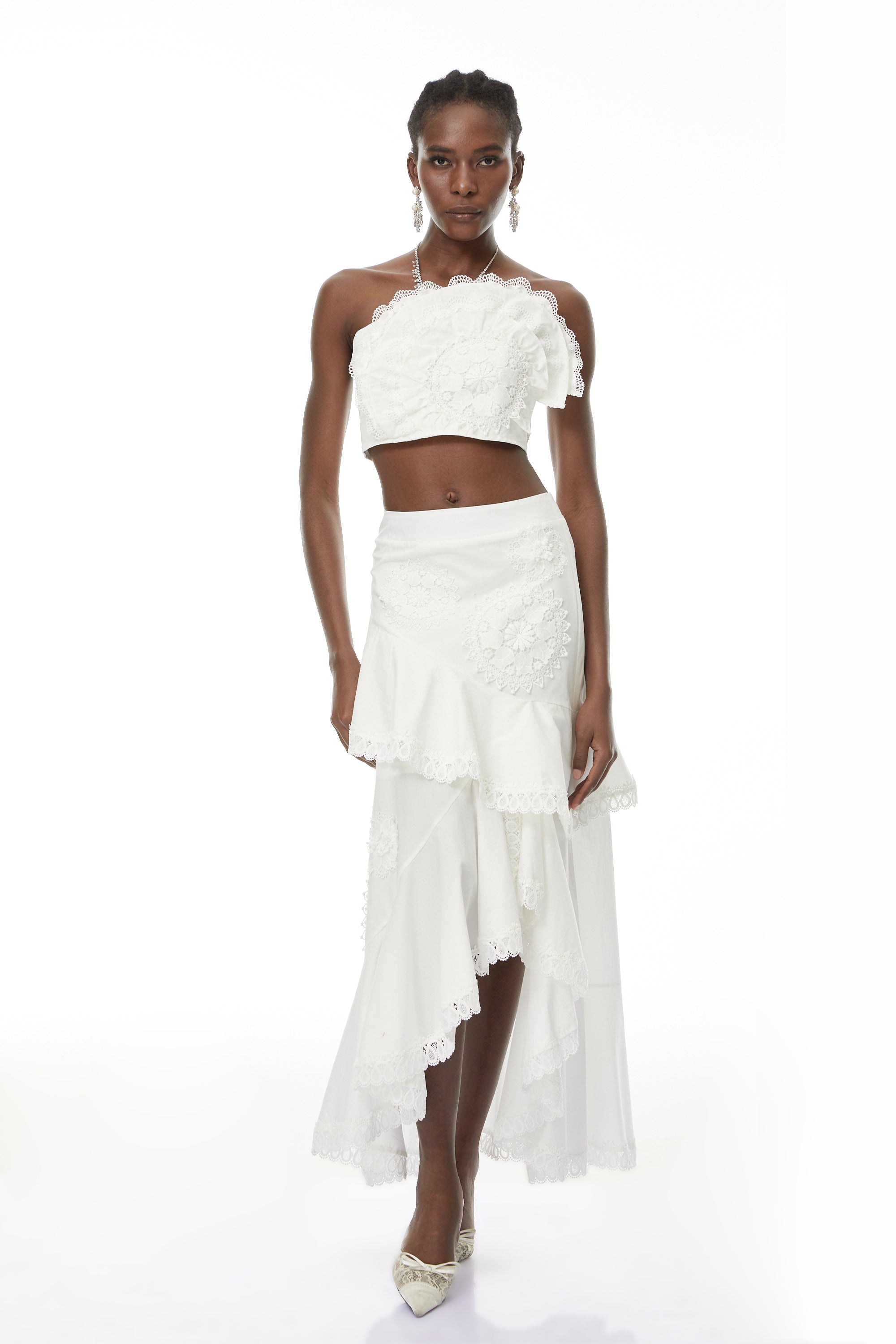 Nonhle White Floral Appliqué Top & Skirt Set