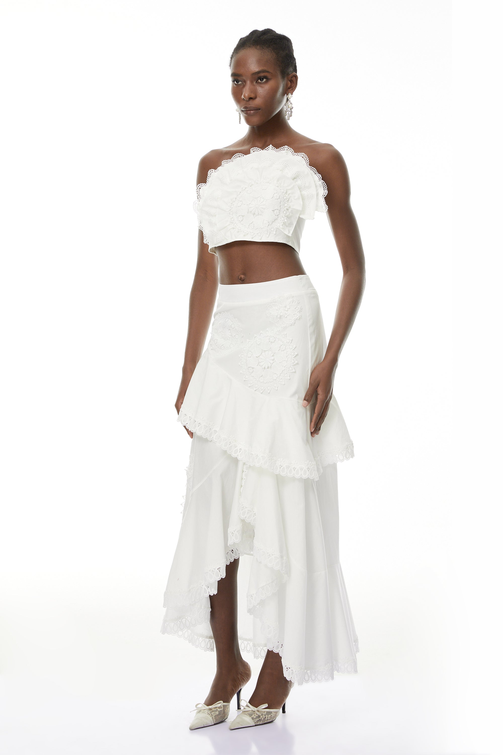 Nonhle White Floral Appliqué Top & Skirt Set