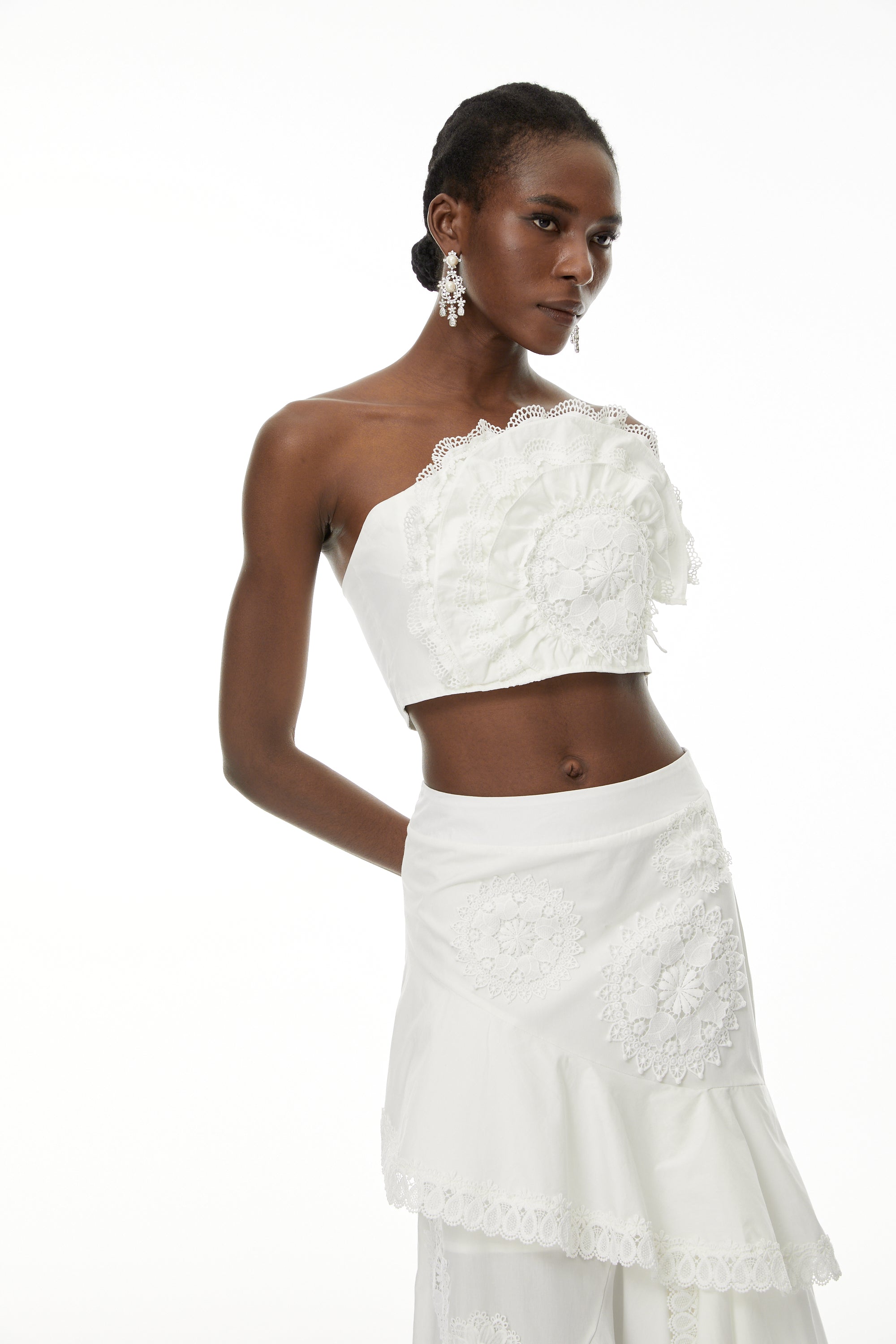 Nonhle White Floral Appliqué Top & Skirt Set
