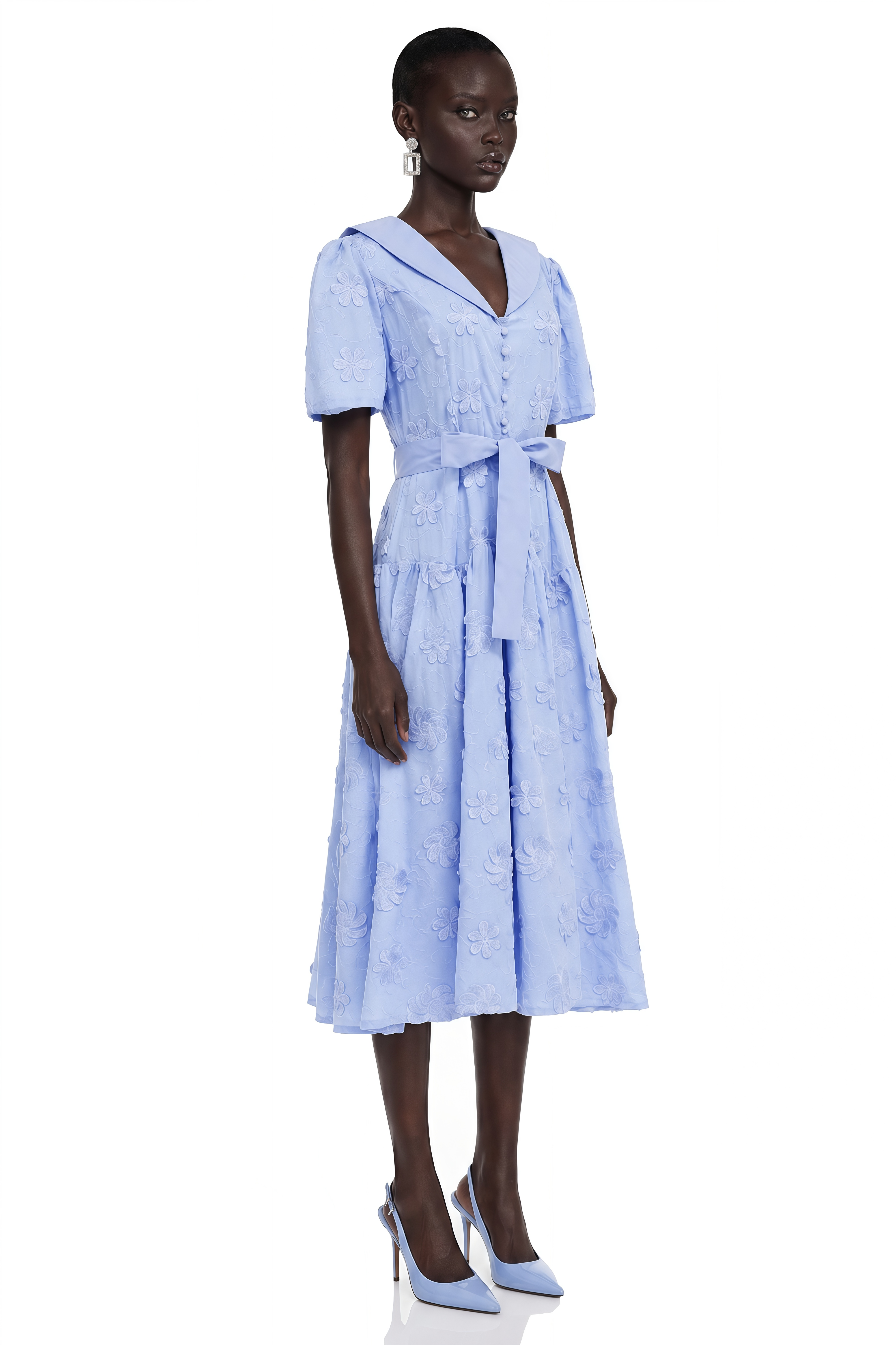 Norma Light Blue Pleated Maxi Dress with Lapel Collar