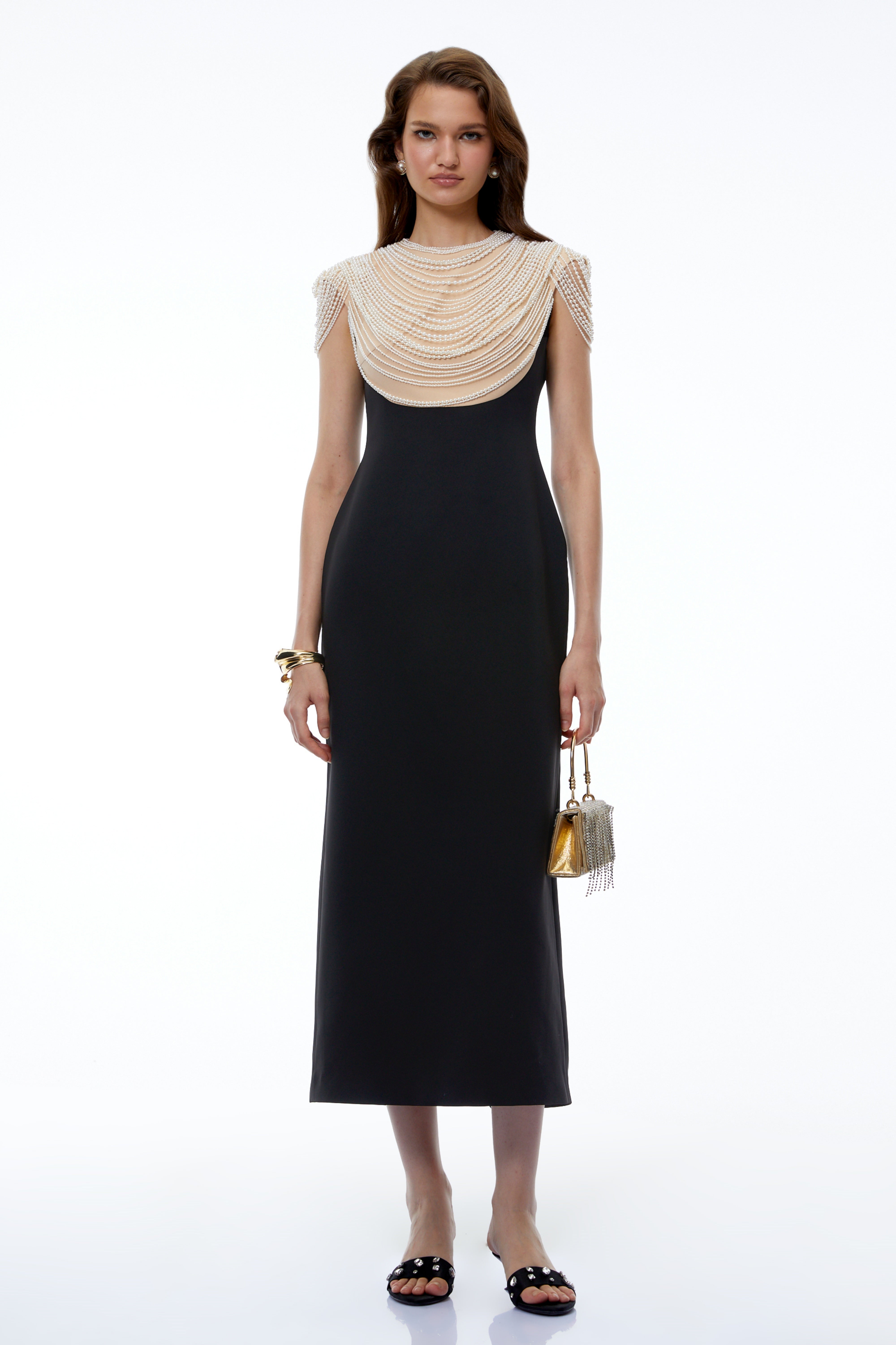 Nova Black Midi Dress with Pearl Chain Panels