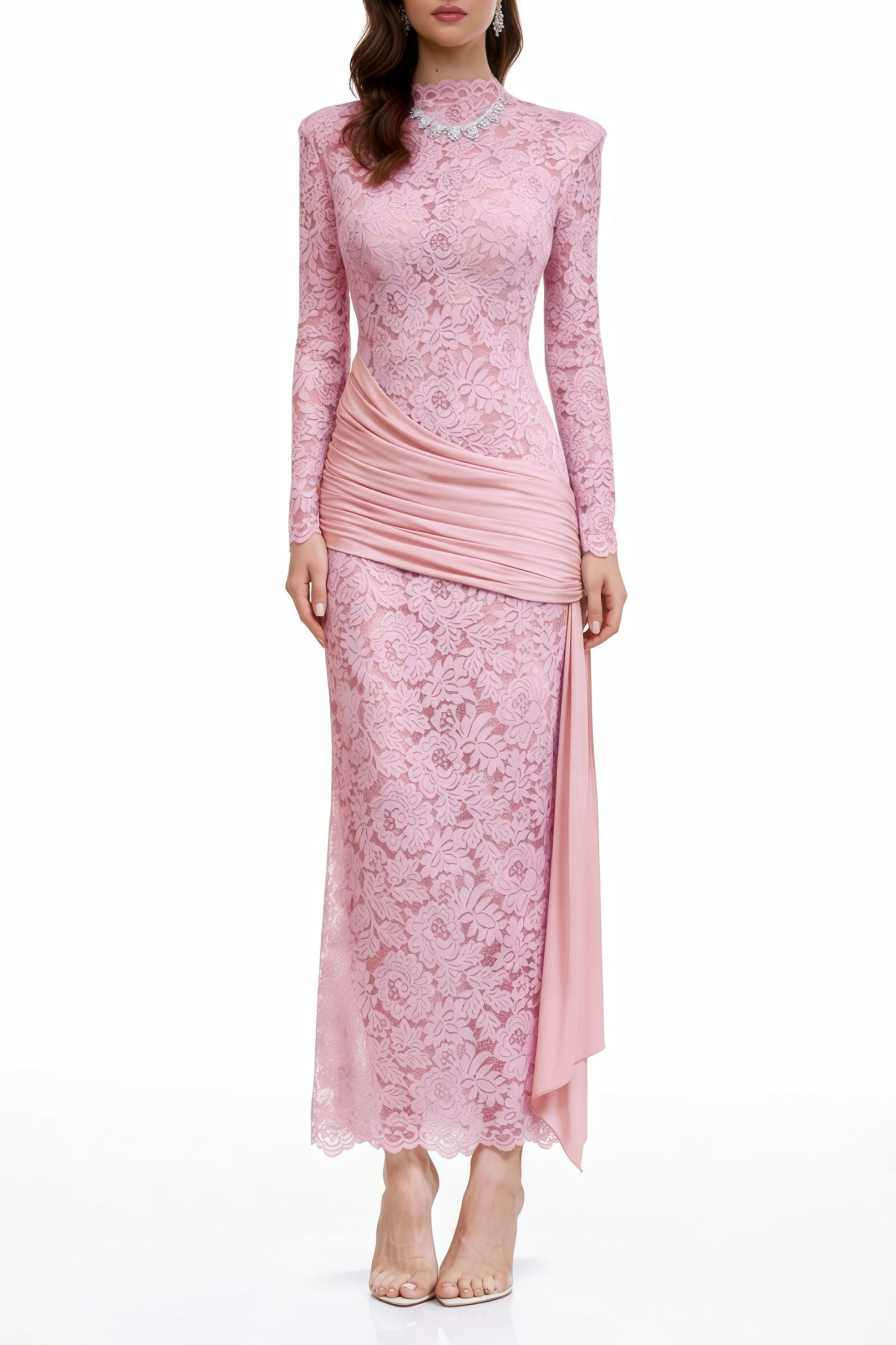 Nuria Pink Ribbon Detail Floral Lace Midi Dress