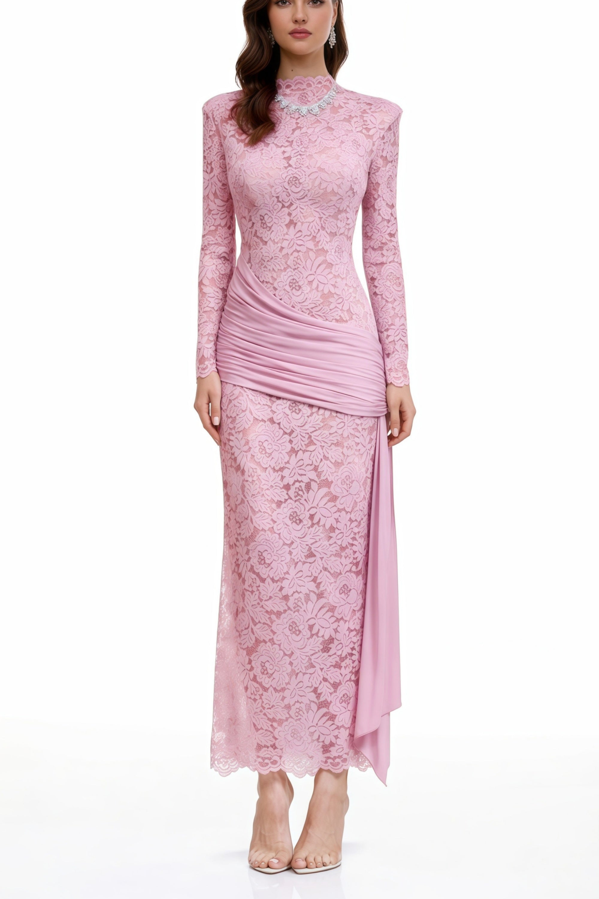 Pink Long-Sleeved Floral Lace Midi Dress