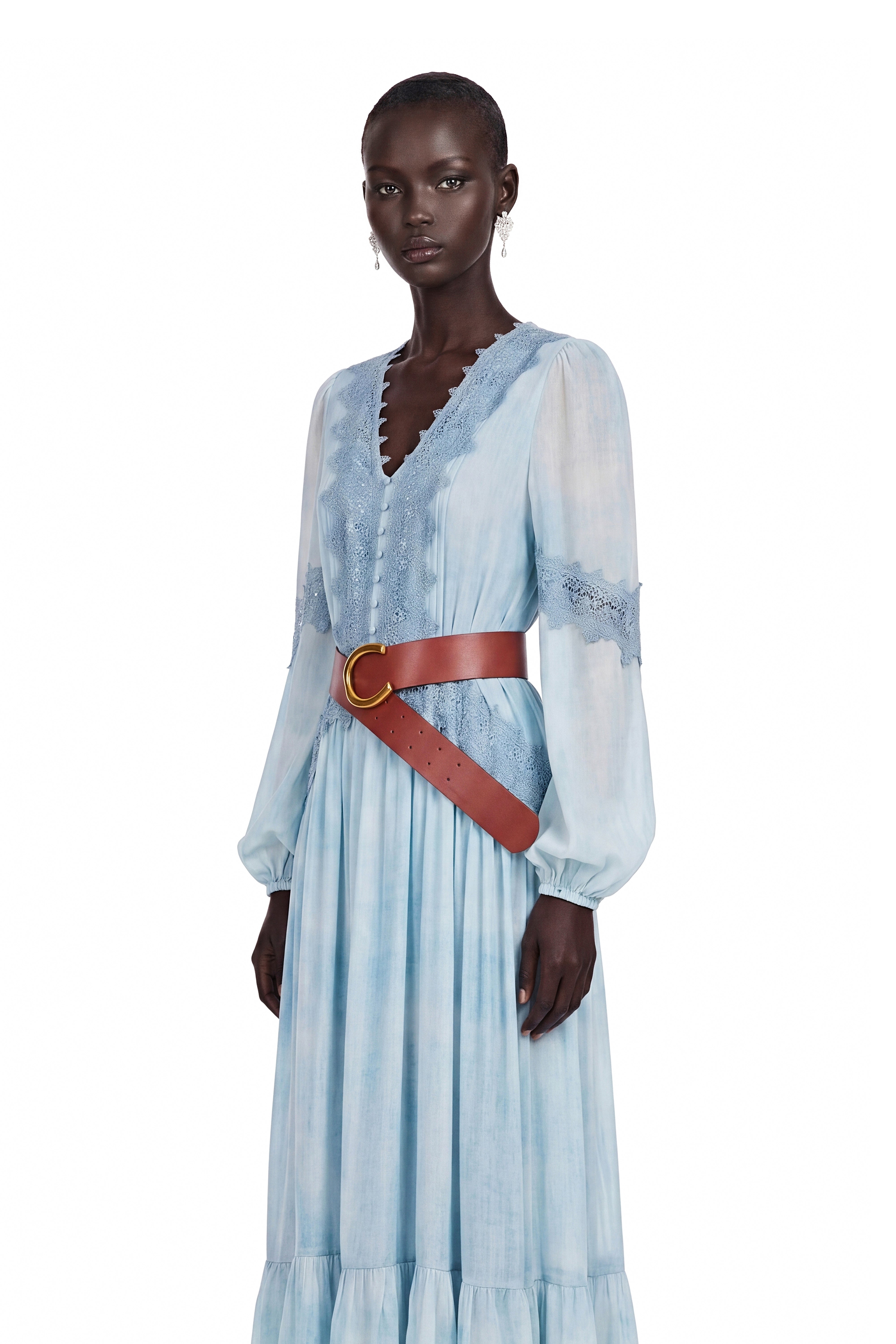 Nurit Blue Maxi Dress with Lace Panels