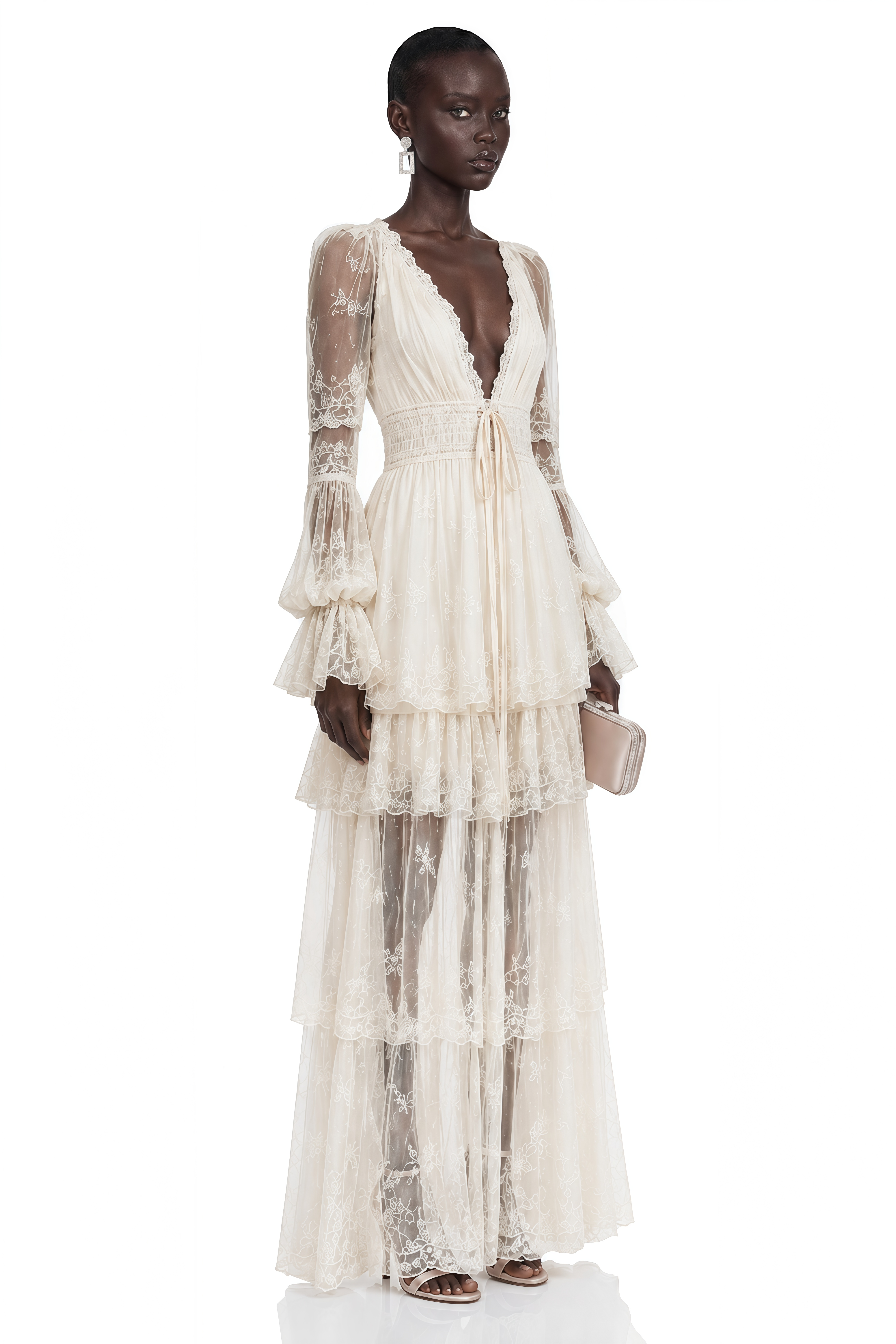Robe longue à volants en dentelle couleur océan