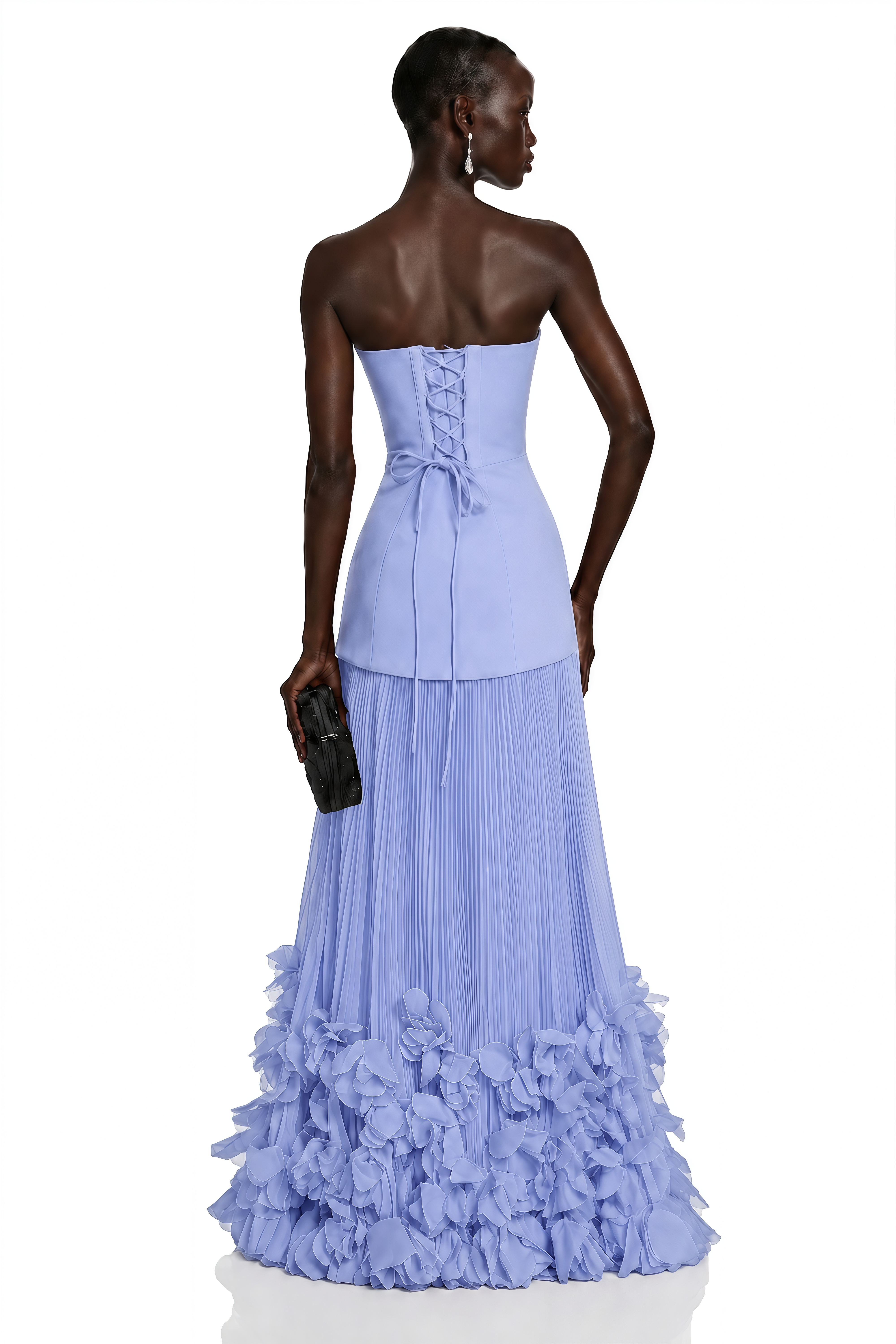 Océane Blue Off Shoulder Pleated Maxi Dress with 3D Florals