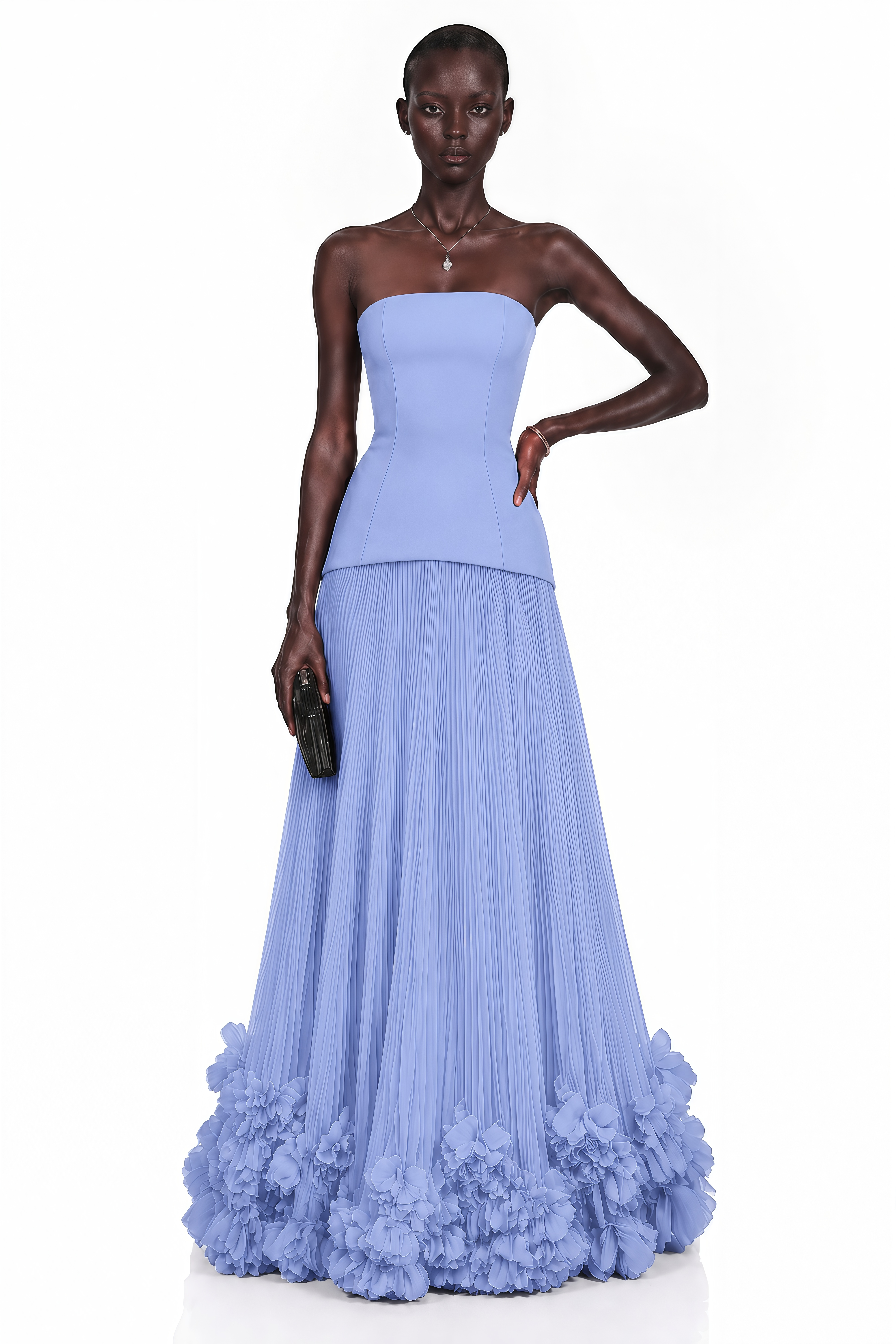 Océane Blue Off Shoulder Pleated Maxi Dress with 3D Florals
