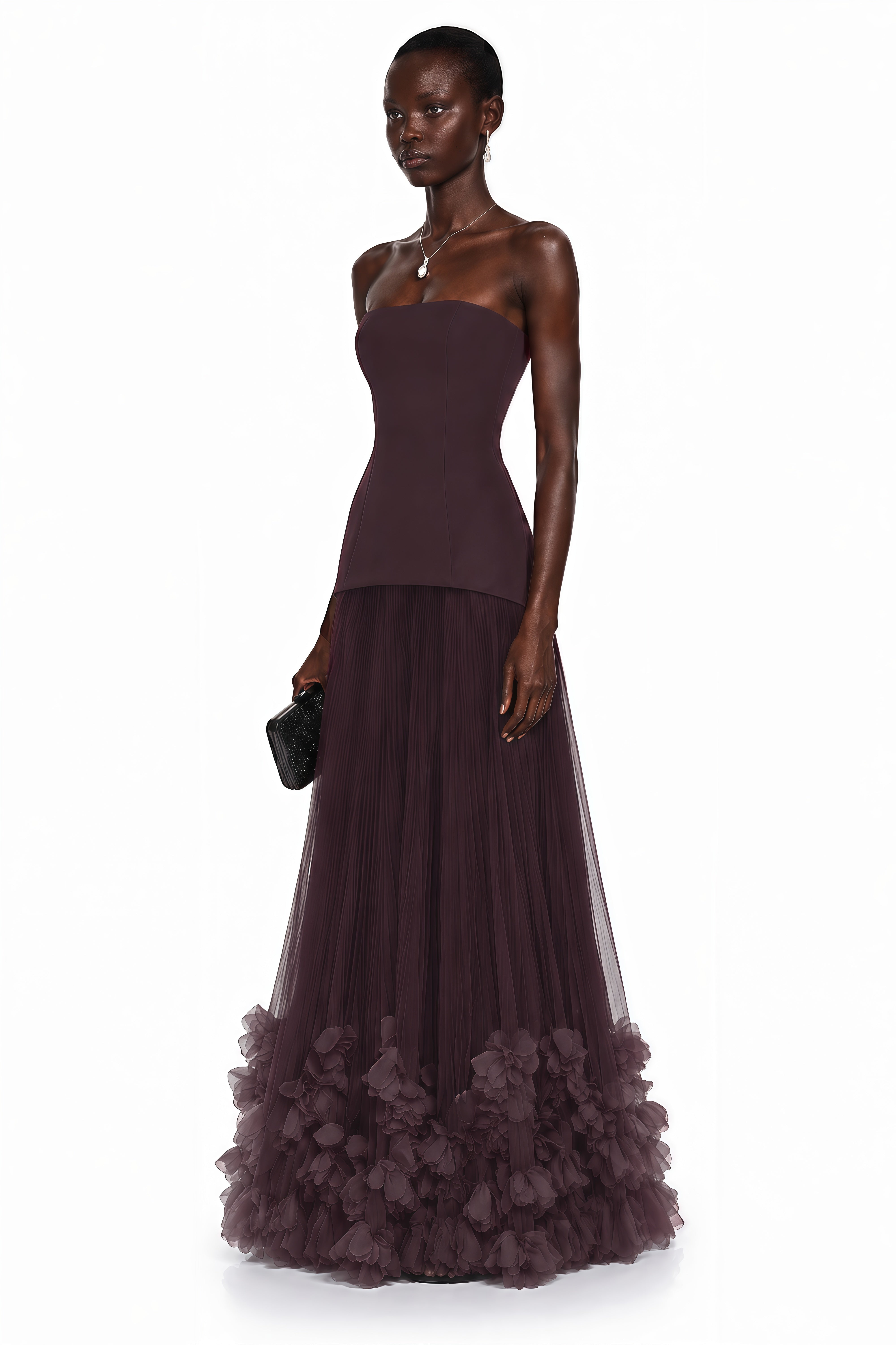 Océane Brown Off Shoulder Pleated Maxi Dress with 3D Florals