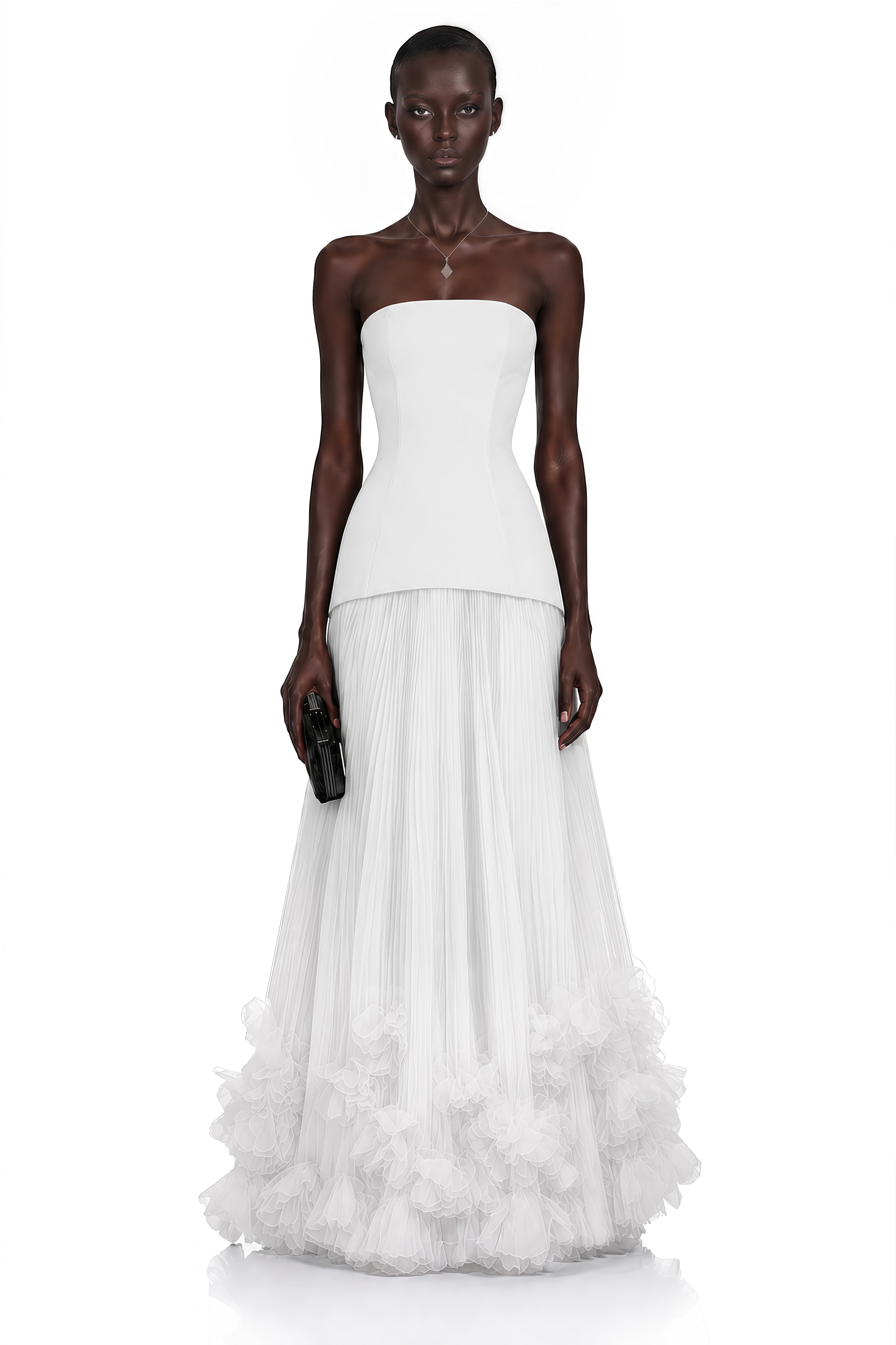 Océane White Off Shoulder Pleated Maxi Dress with 3D Florals