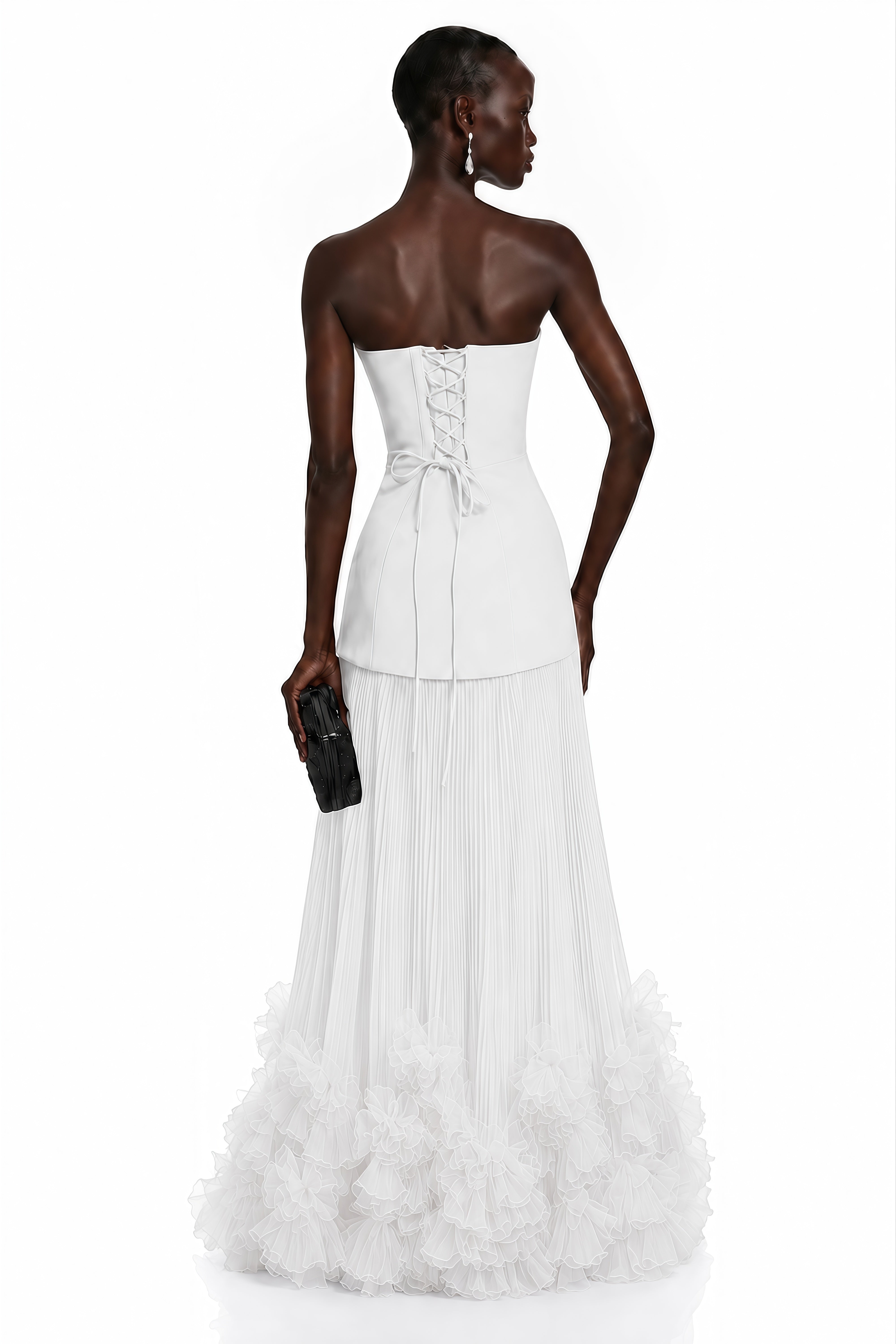 Océane White Off Shoulder Pleated Maxi Dress with 3D Florals