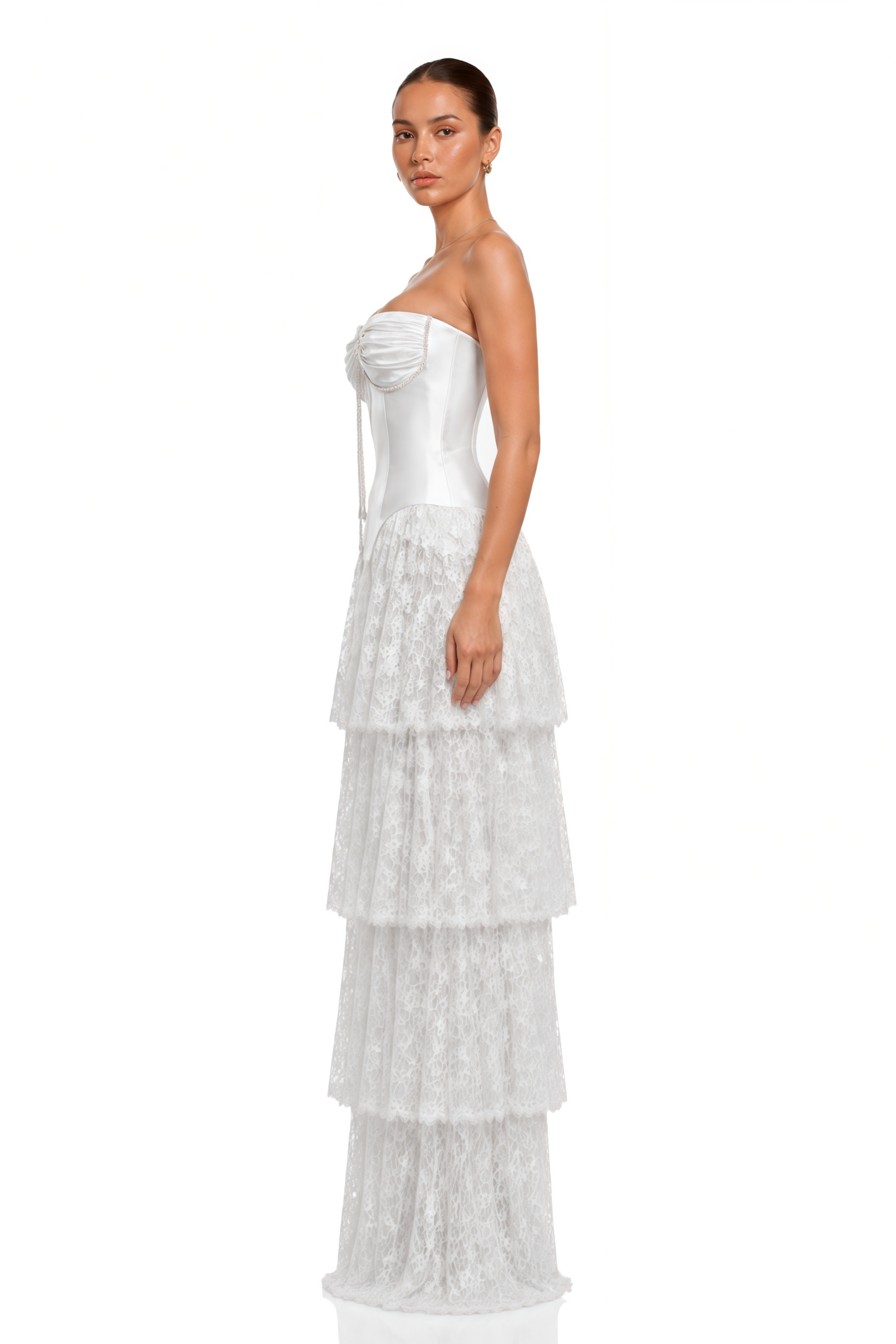 Octavia White Satin Corset Top & Tiered Lace Skirt Set