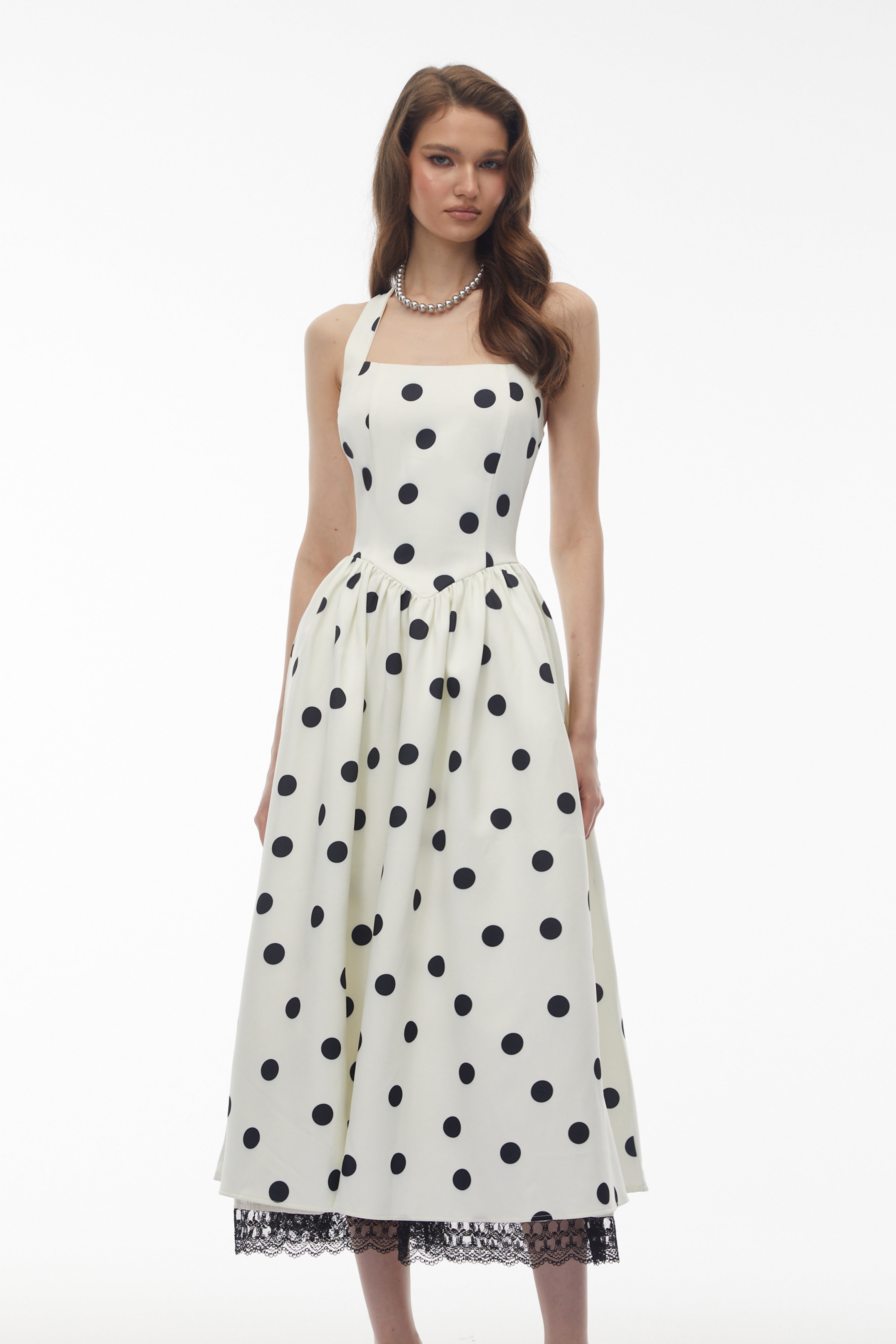 Odelia White Polka Dot Midi Dress with Lace Trim