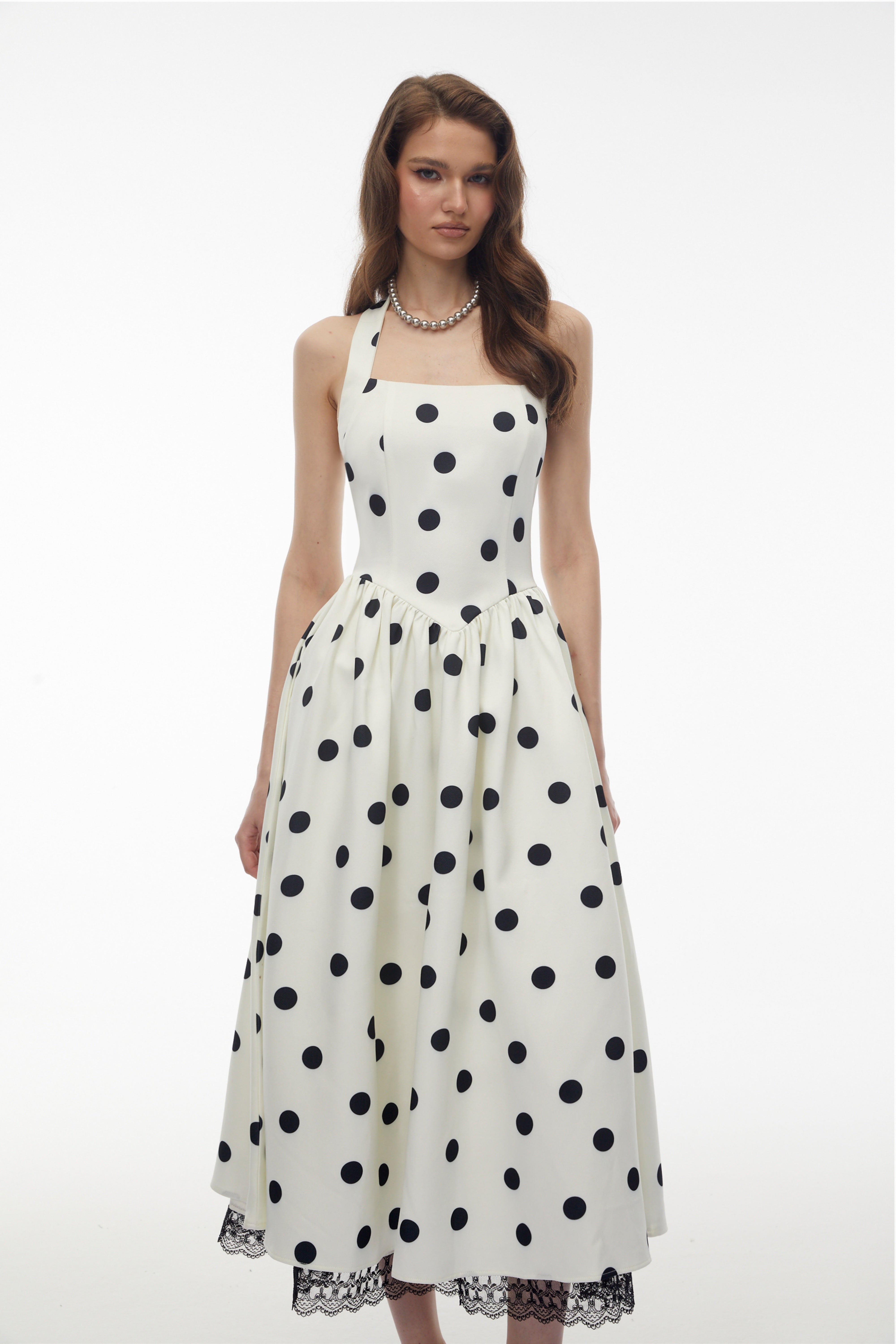Odelia White Polka Dot Midi Dress with Lace Trim