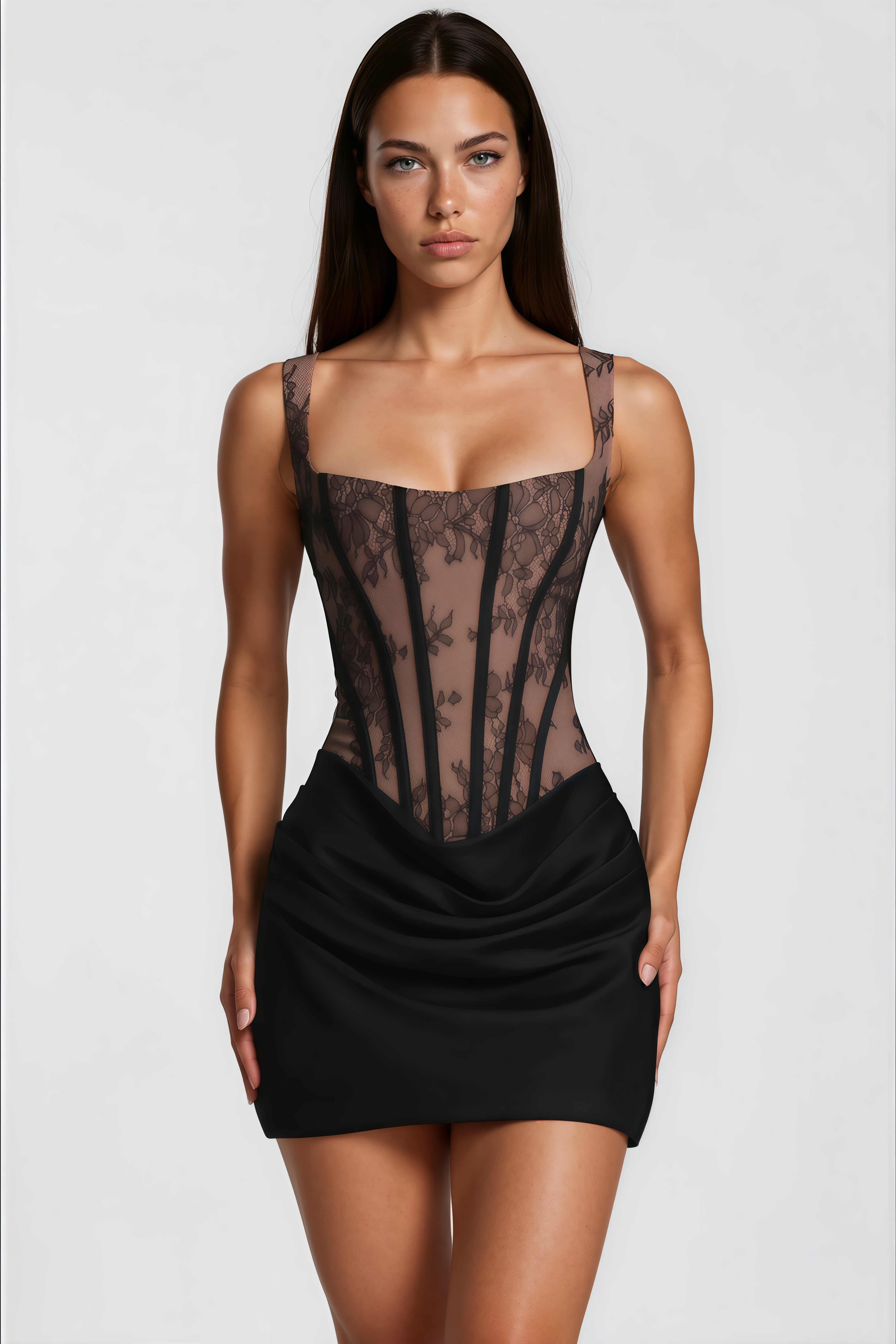 Olesya Black Ruched Mini Dress with Lace Panels