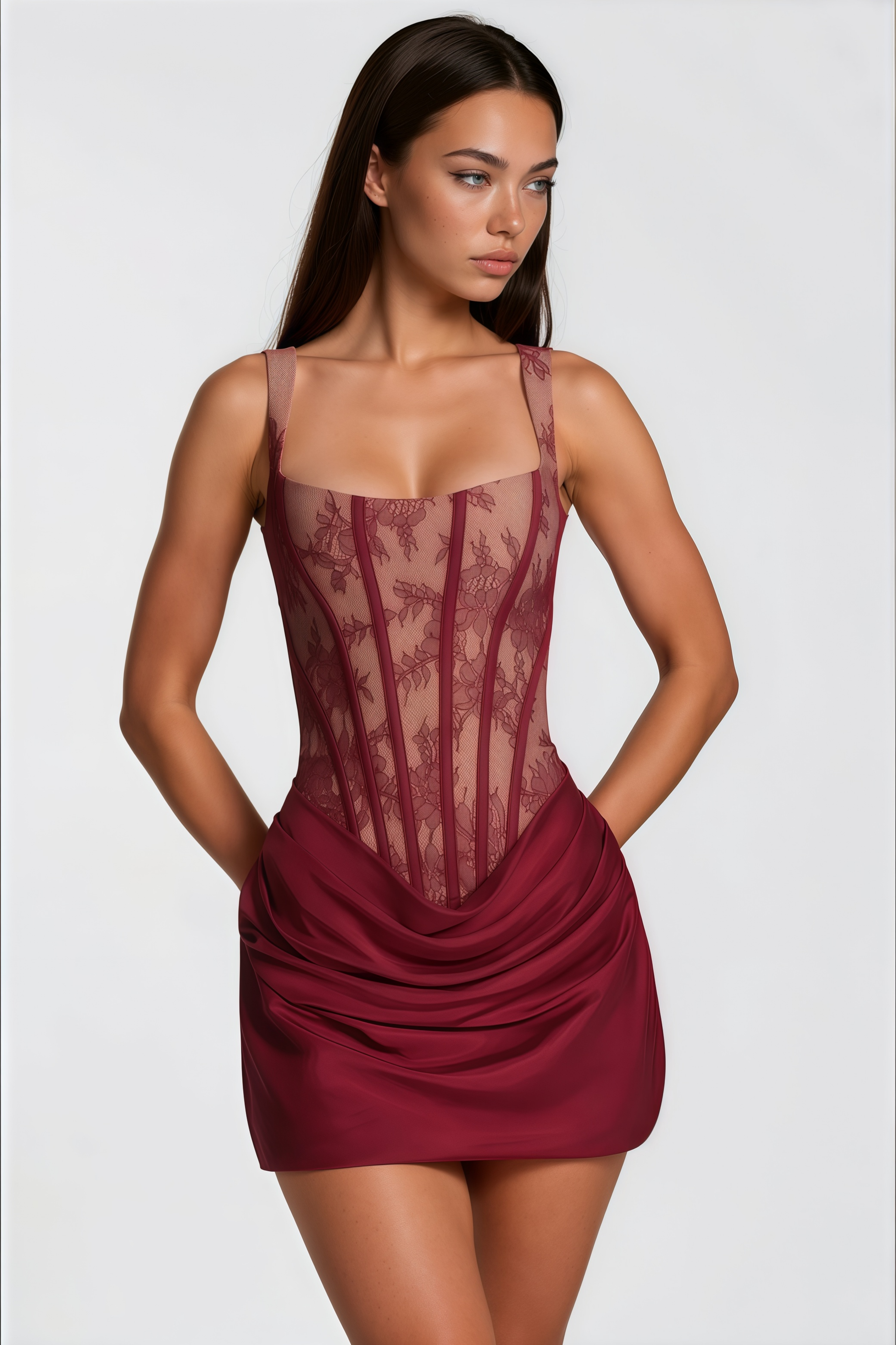 فستان قصير من Olesya باللون الأحمر مع كشكش وأجزاء من الدانتيل