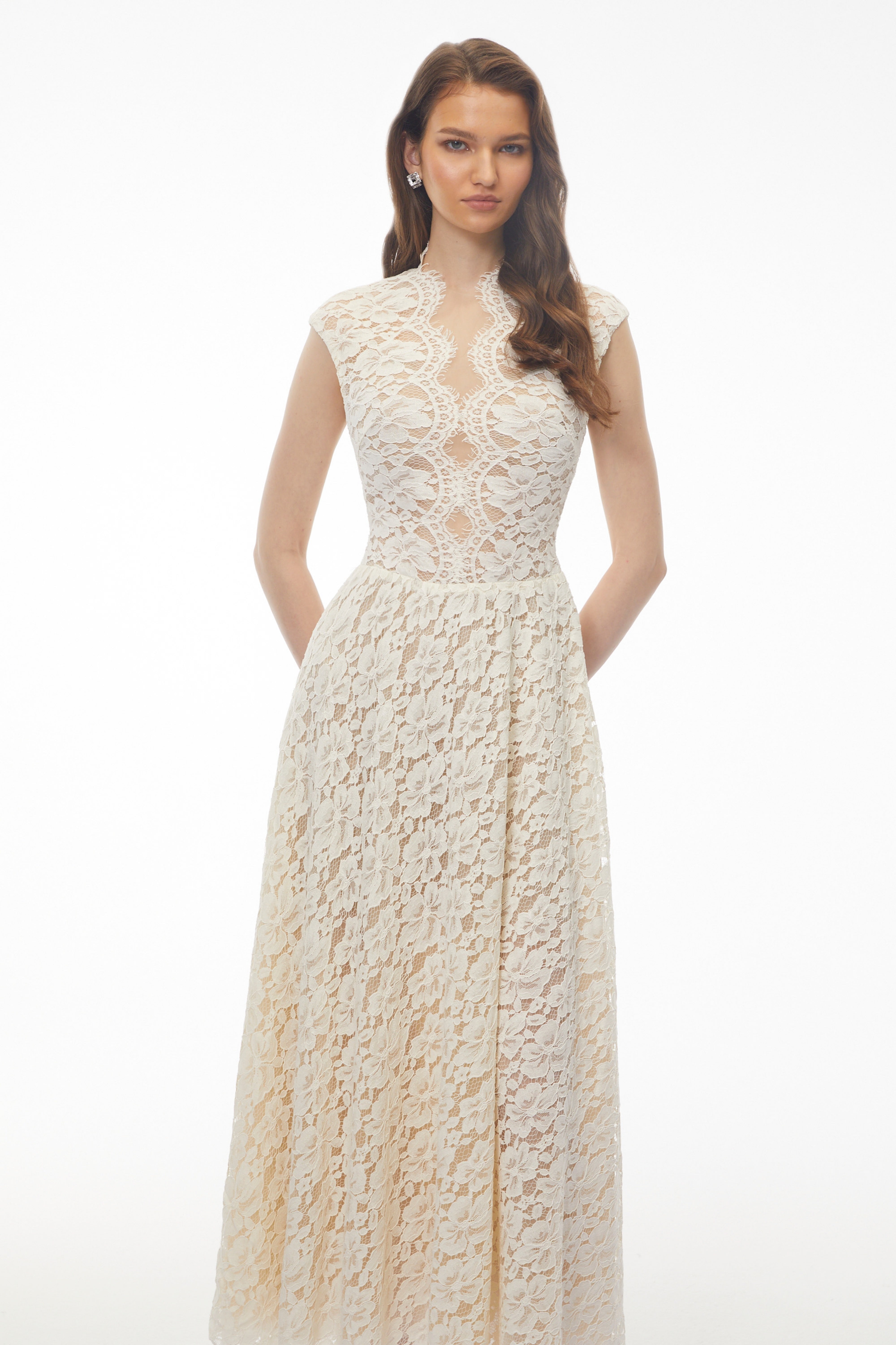 Oliana Ivory Lace Maxi Gown with Cap Sleeves