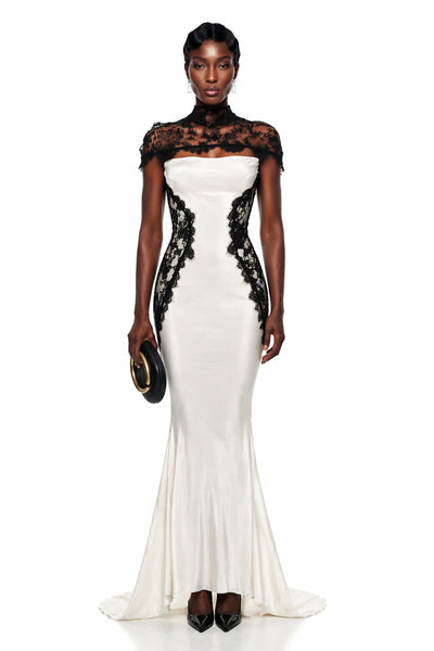 Olinda White Lace Panel Maxi Dress with Cape