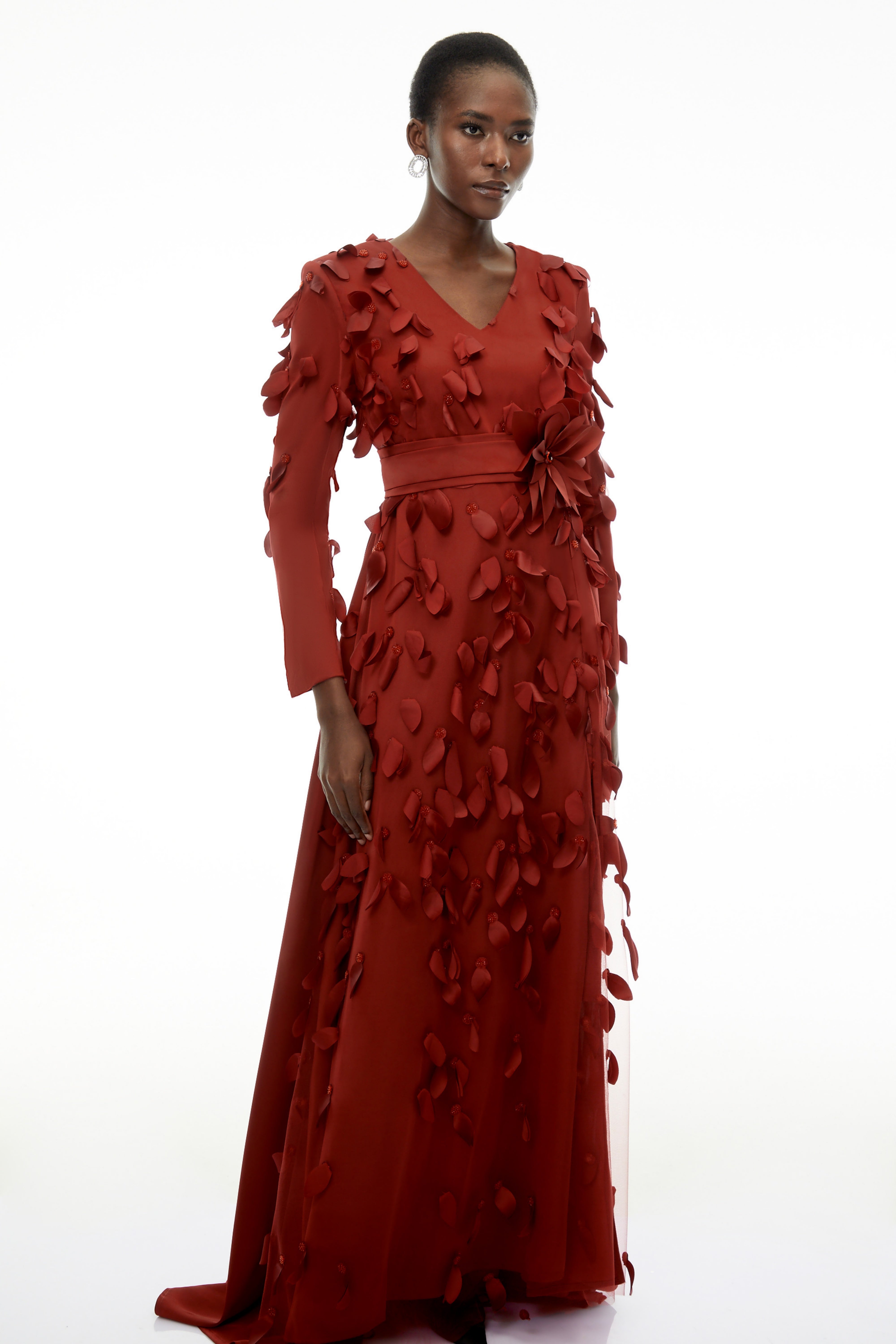 Olivia Red Maxi Dress with All-Over 3D Petals (Final Sale)