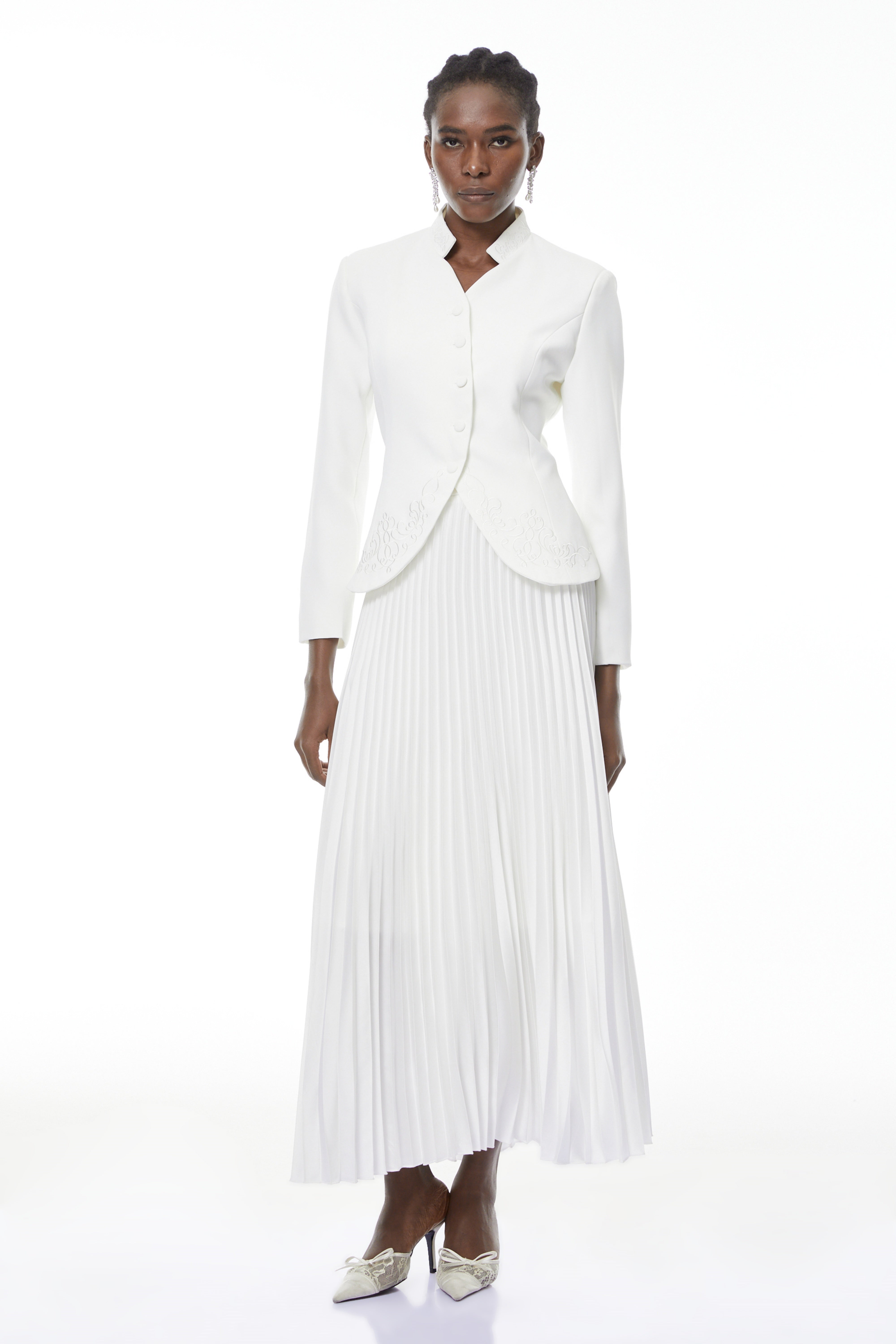 Olivia White Floral Embroidered Blazer & Pleated Skirt Set