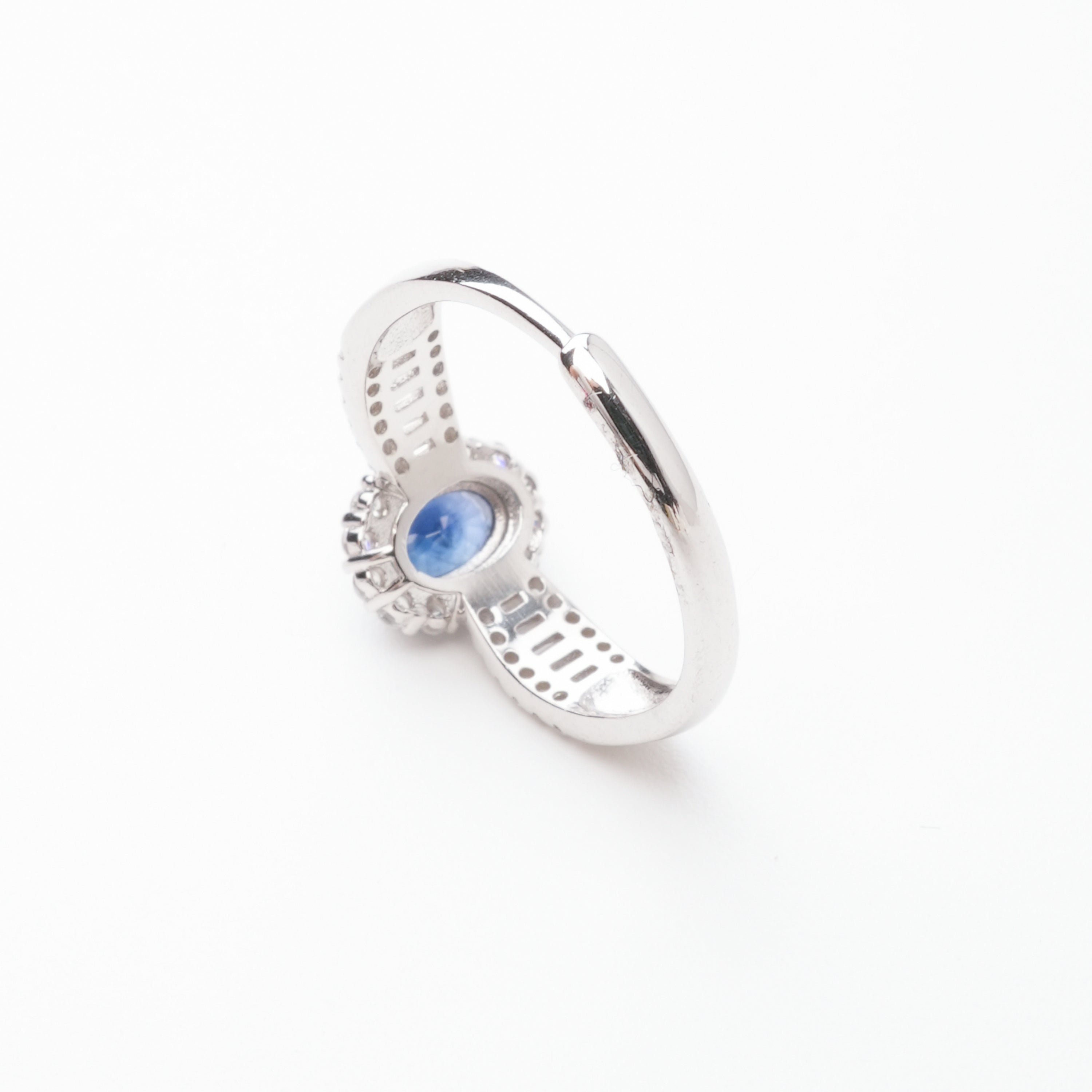 Olympe Blue Sapphire Oval Cut Halo Baguette Crystal Sterling Silver Ring