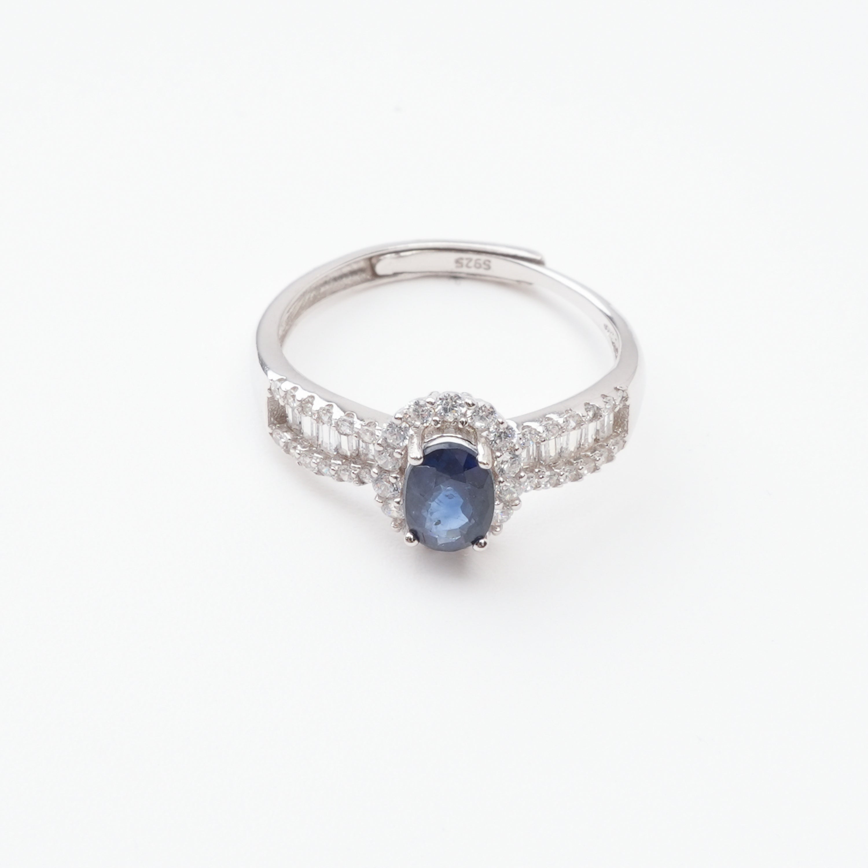 Olympe Blue Sapphire Oval Cut Halo Baguette Crystal Sterling Silver Ring