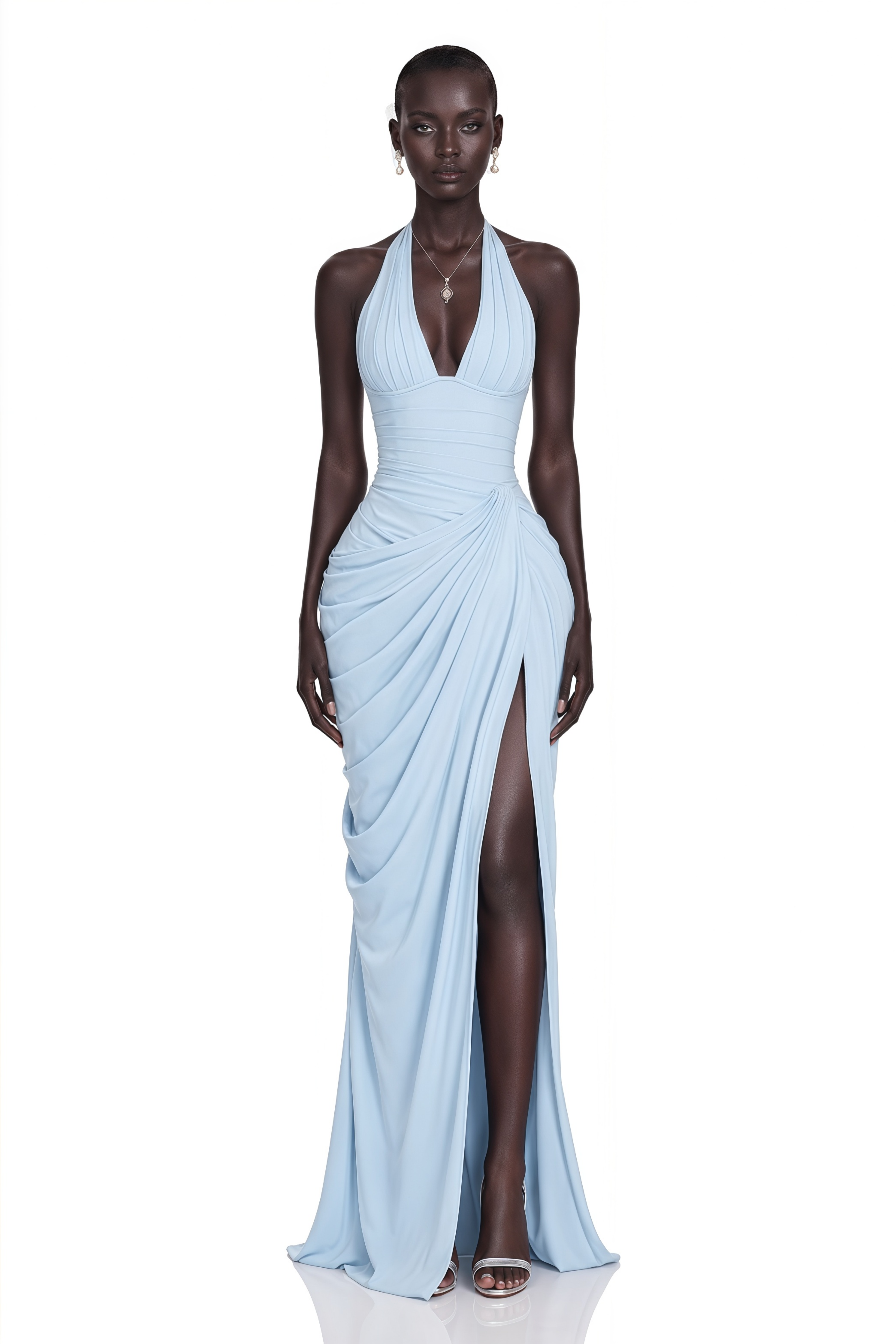 Robe longue froncée à col dos nu et fente « Ombeline Blue »