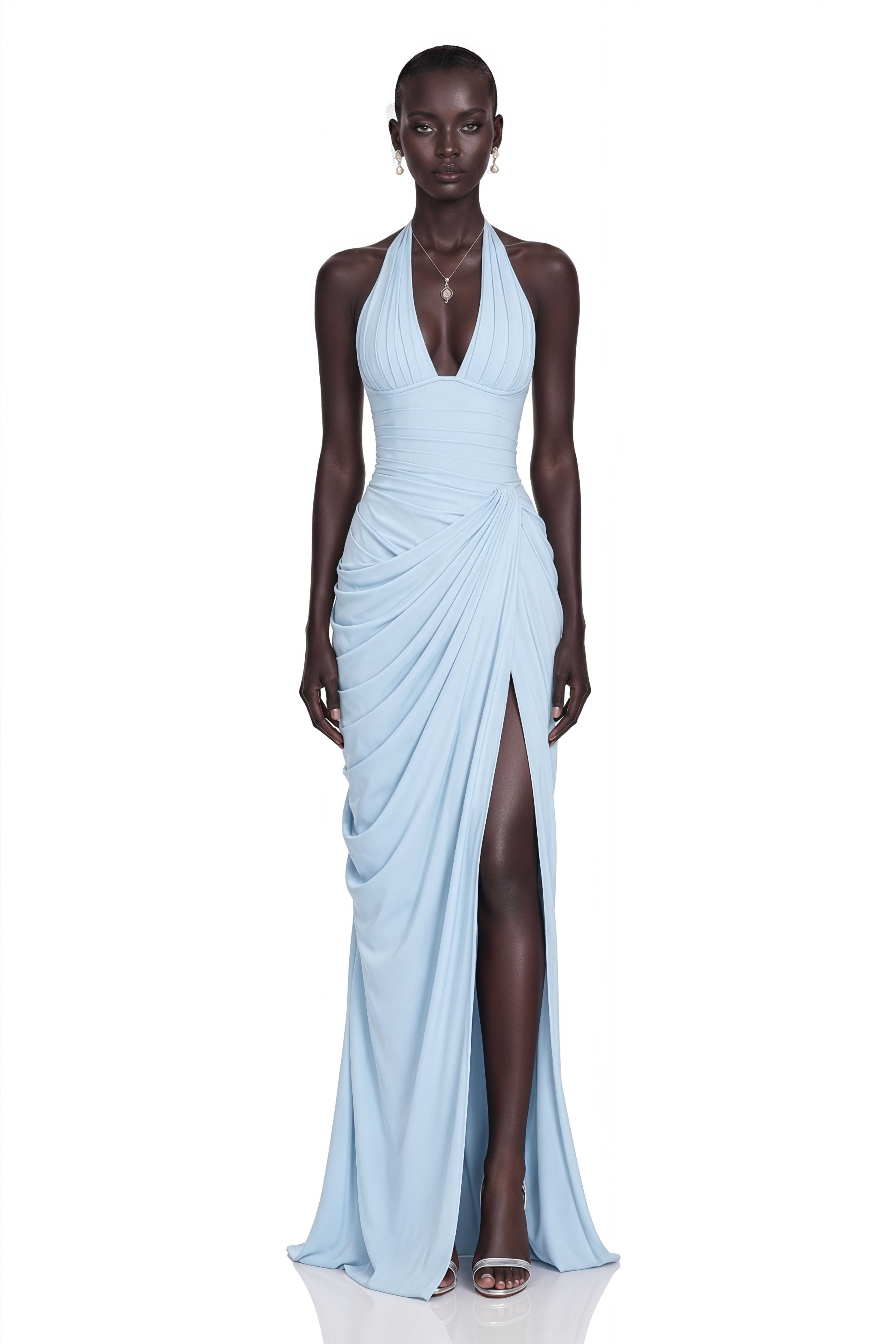 Ombeline Blue Halterneck Ruched Maxi Dress with Slit