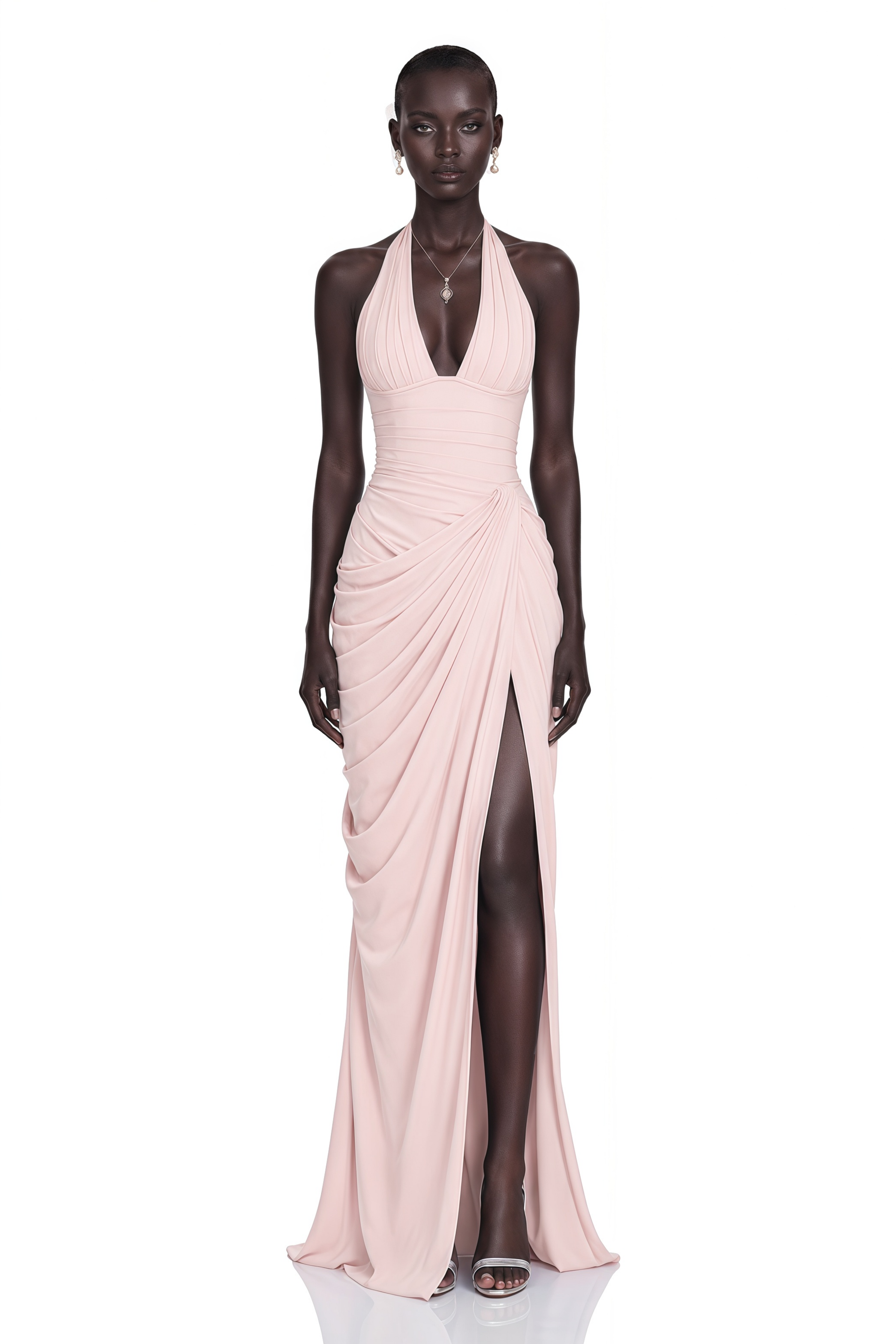 Ombeline Pink Halterneck Ruched Maxi Dress with Slit