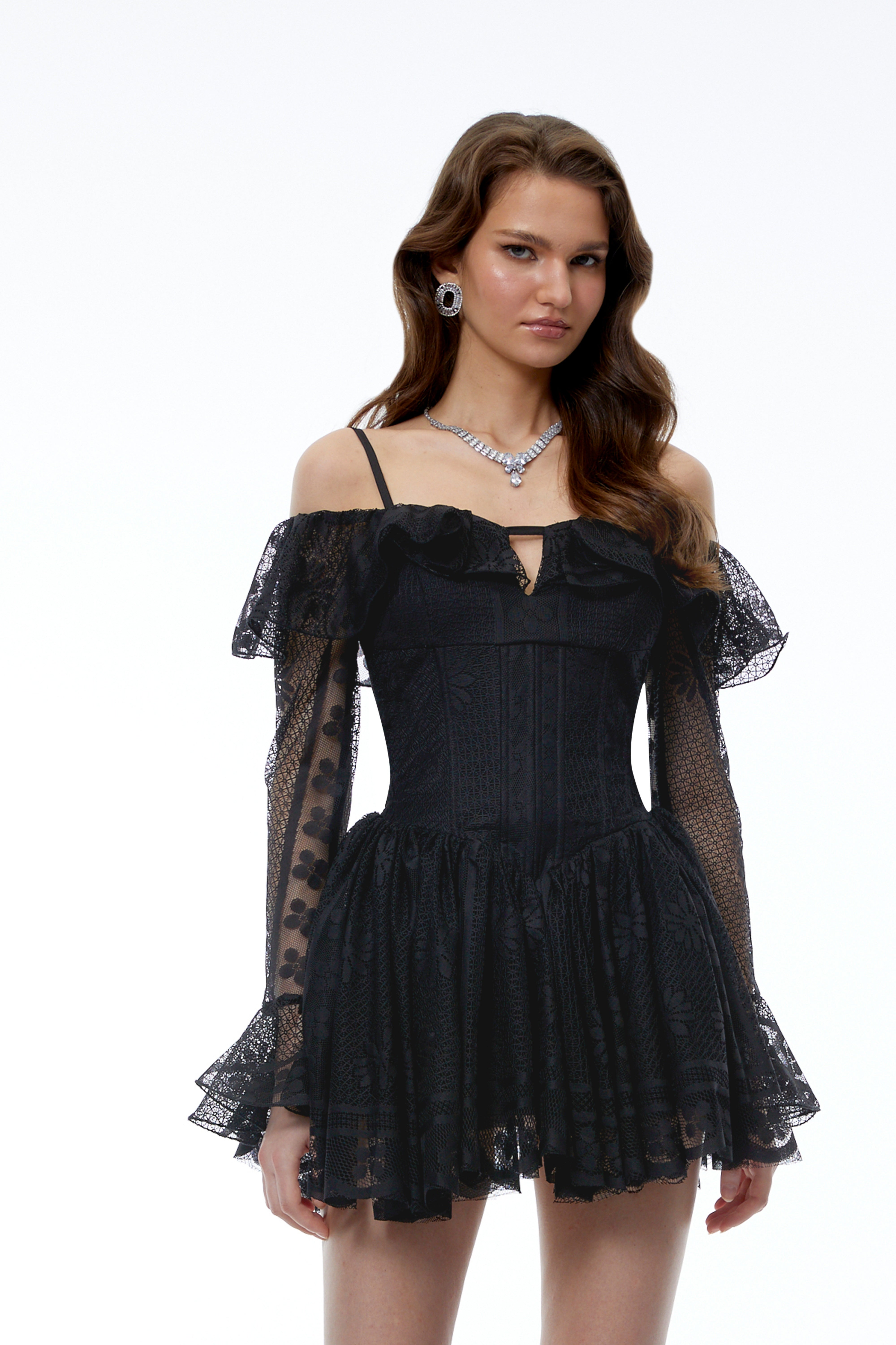 Omphale Black Floral Lace Ruffled Mini Dress