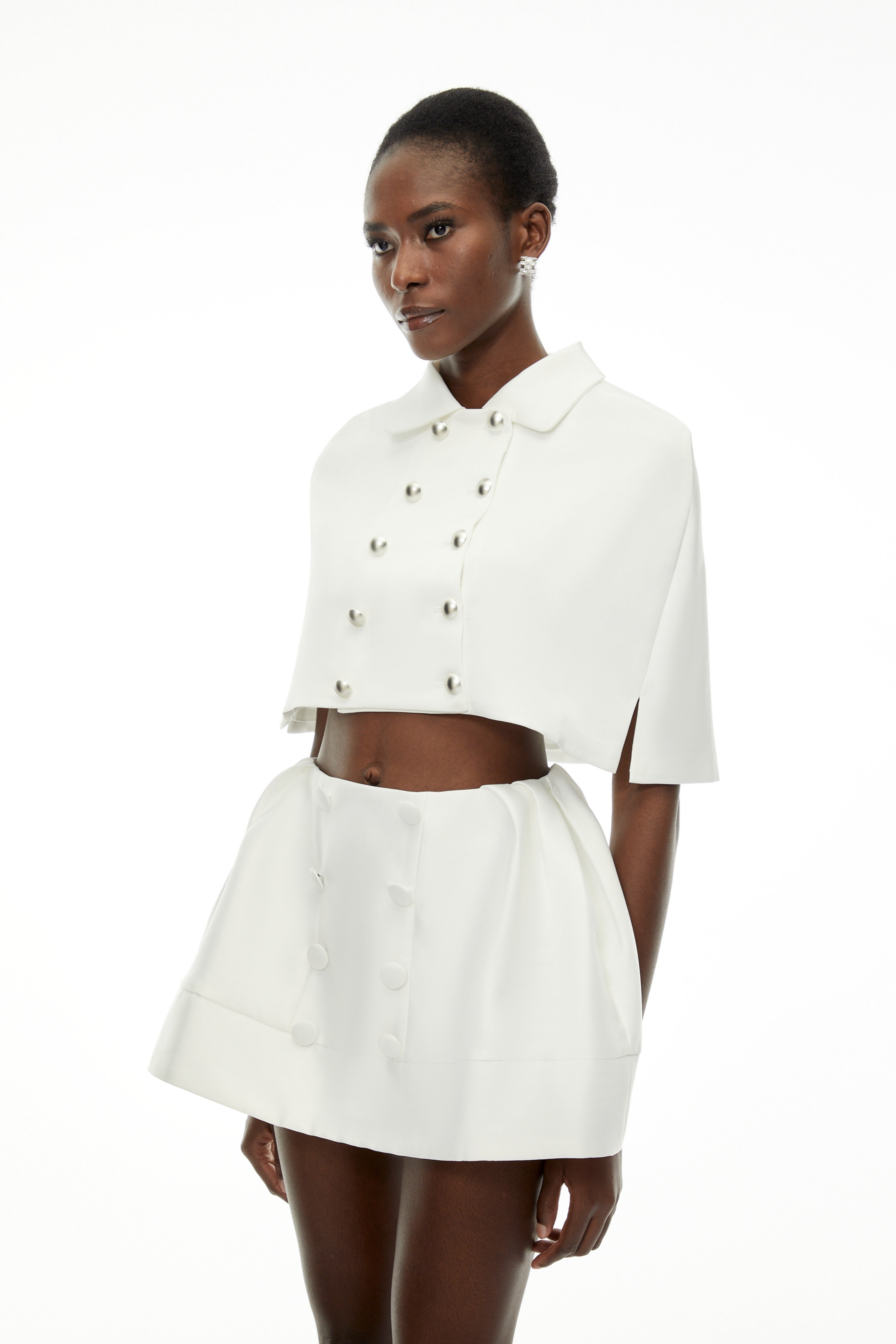 Ondina White Double-Breasted Cape Coat & Skirt Set