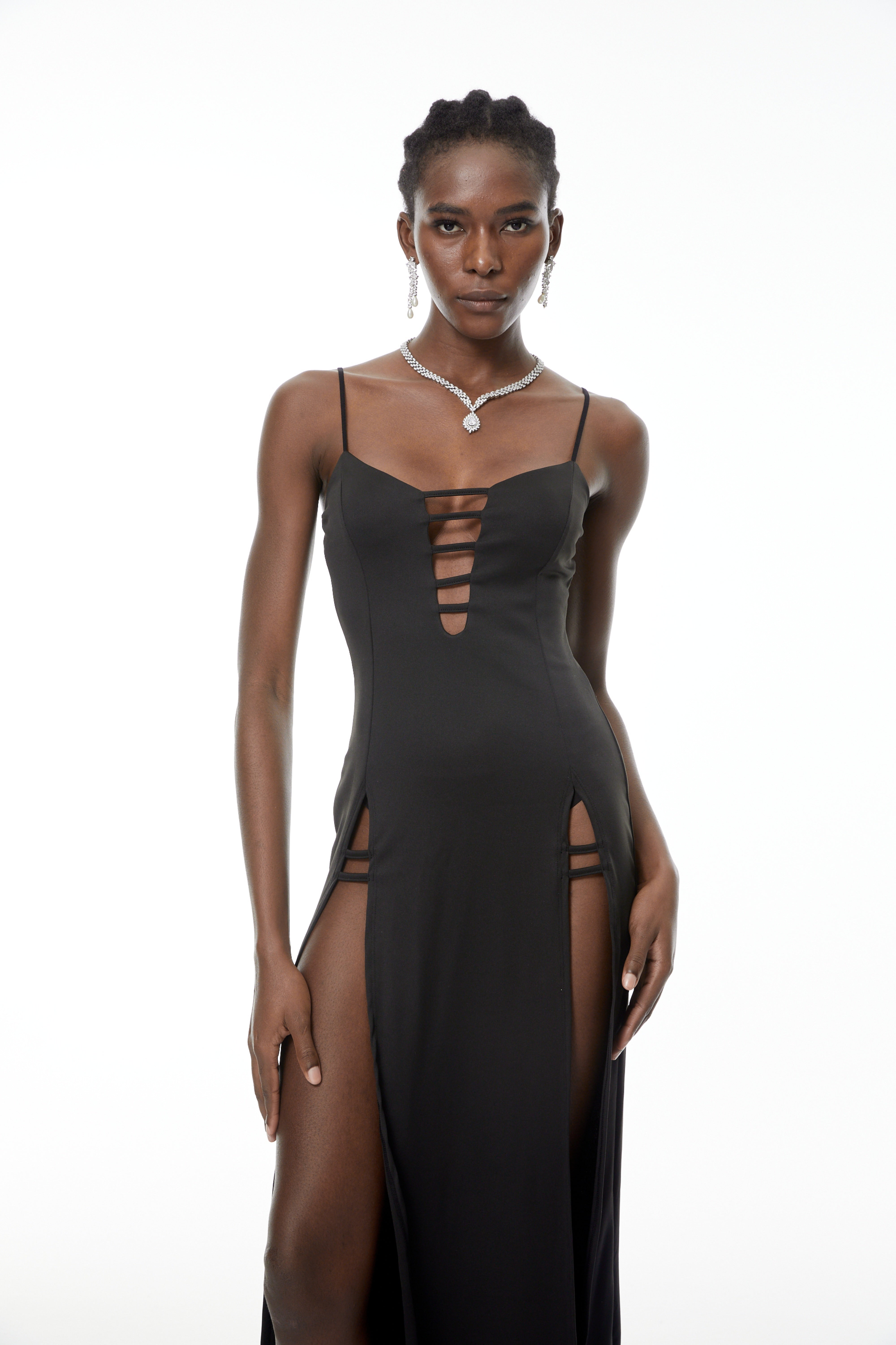 Oona Black Cut-Out Maxi Dress with High Slit